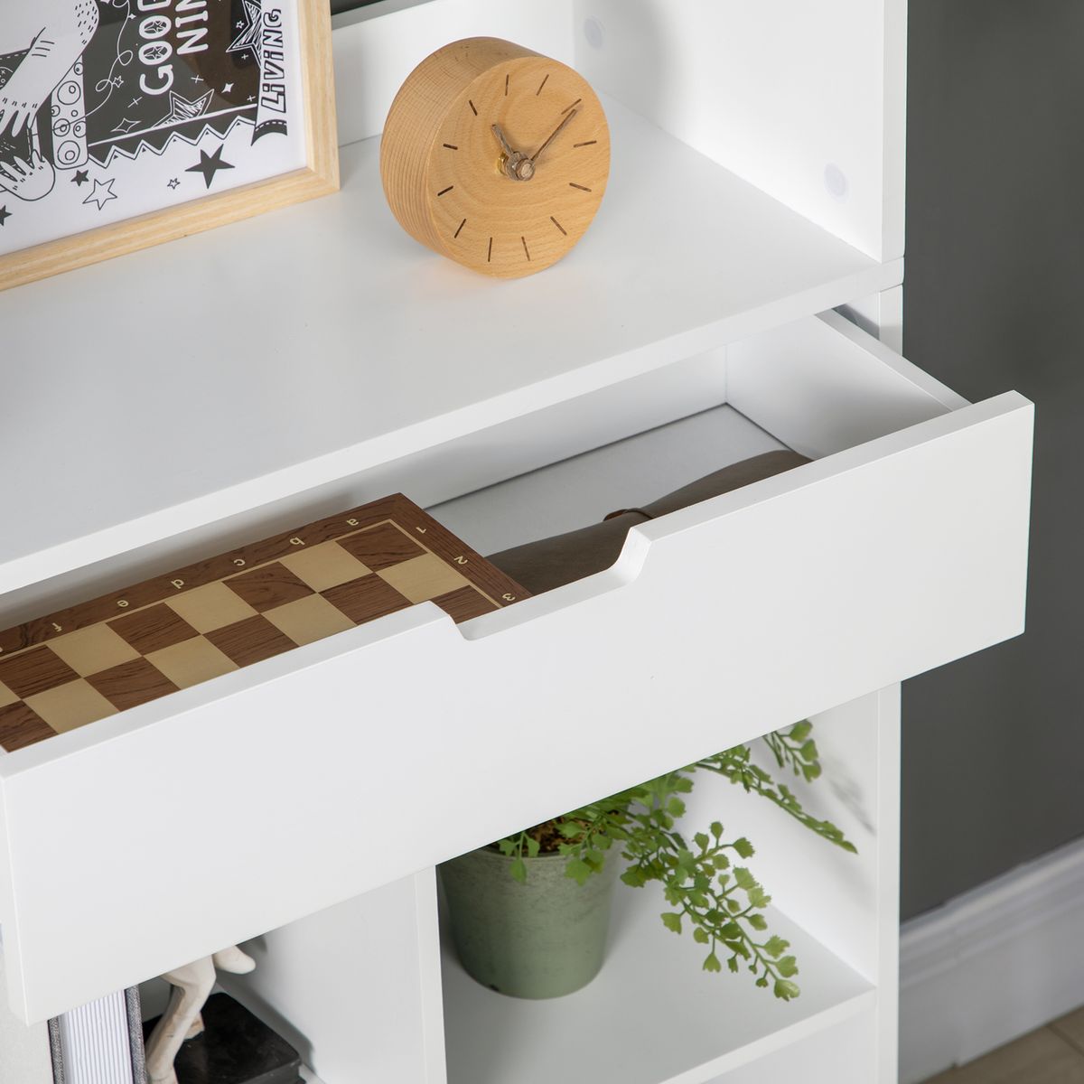 Estantería Ruiseñor Homcom 9 compartimentos + 1 cajón blanco 158x60x26 cm detalles