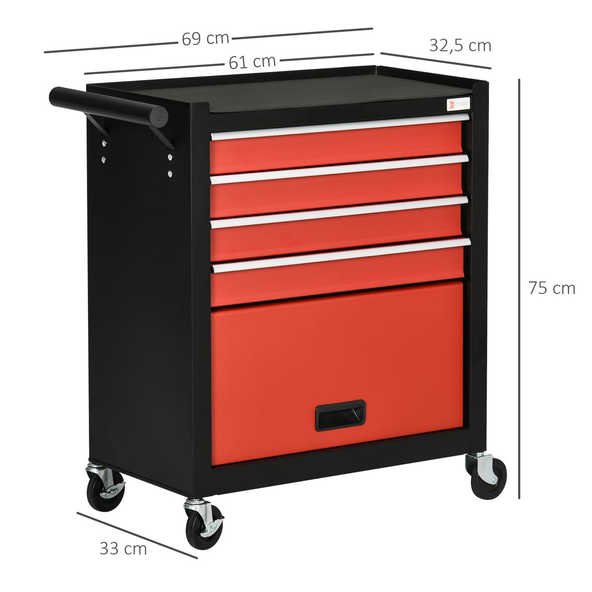 Carro de herramientas Forte Durhand con ruedas + 4 cjaones negro/rojo 75x69x33 cm medidas