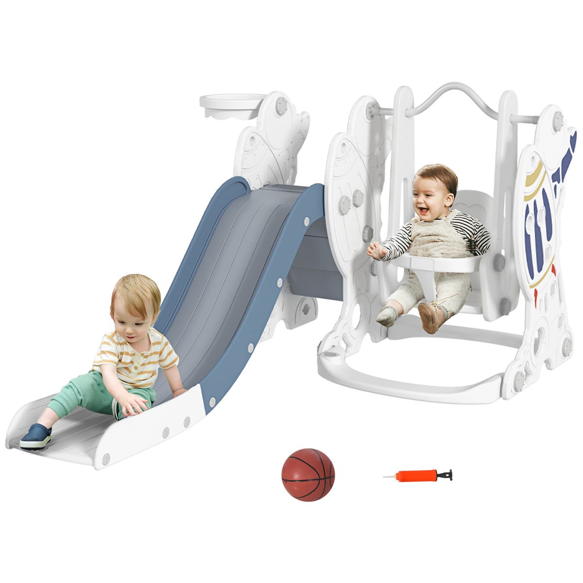 Juego de tobogán + columpio infantil Aiyaplay 18-48 meses blanco/azul 92x150x185 cm fondo blanco