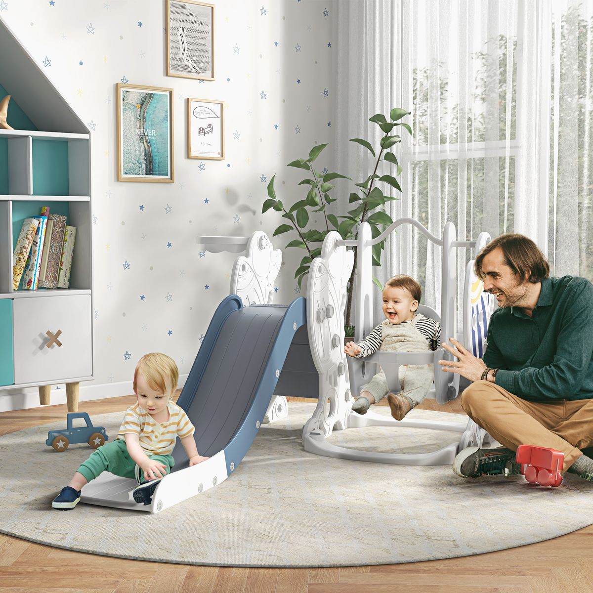Juego de tobogán + columpio infantil Aiyaplay 18-48 meses blanco/azul 92x150x185 cm animada
