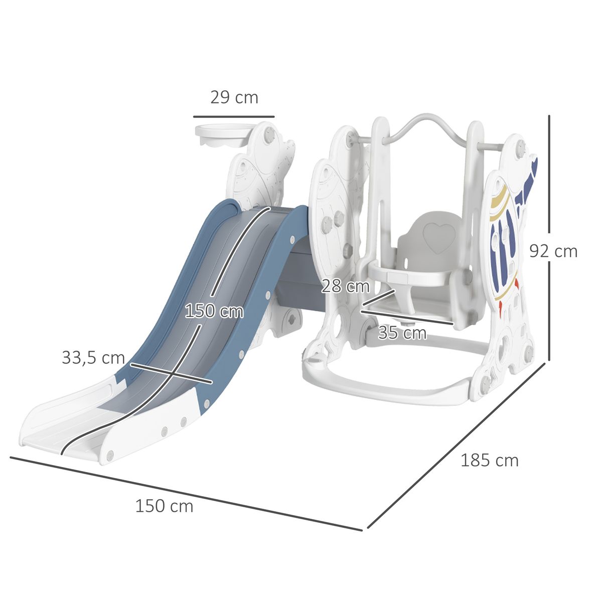 Juego de tobogán + columpio infantil Aiyaplay 18-48 meses blanco/azul 92x150x185 cm medidas
