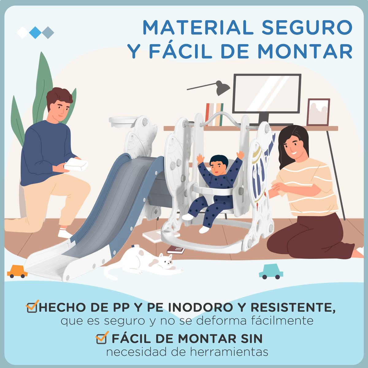Juego de tobogán + columpio infantil Aiyaplay 18-48 meses blanco/azul 92x150x185 cm