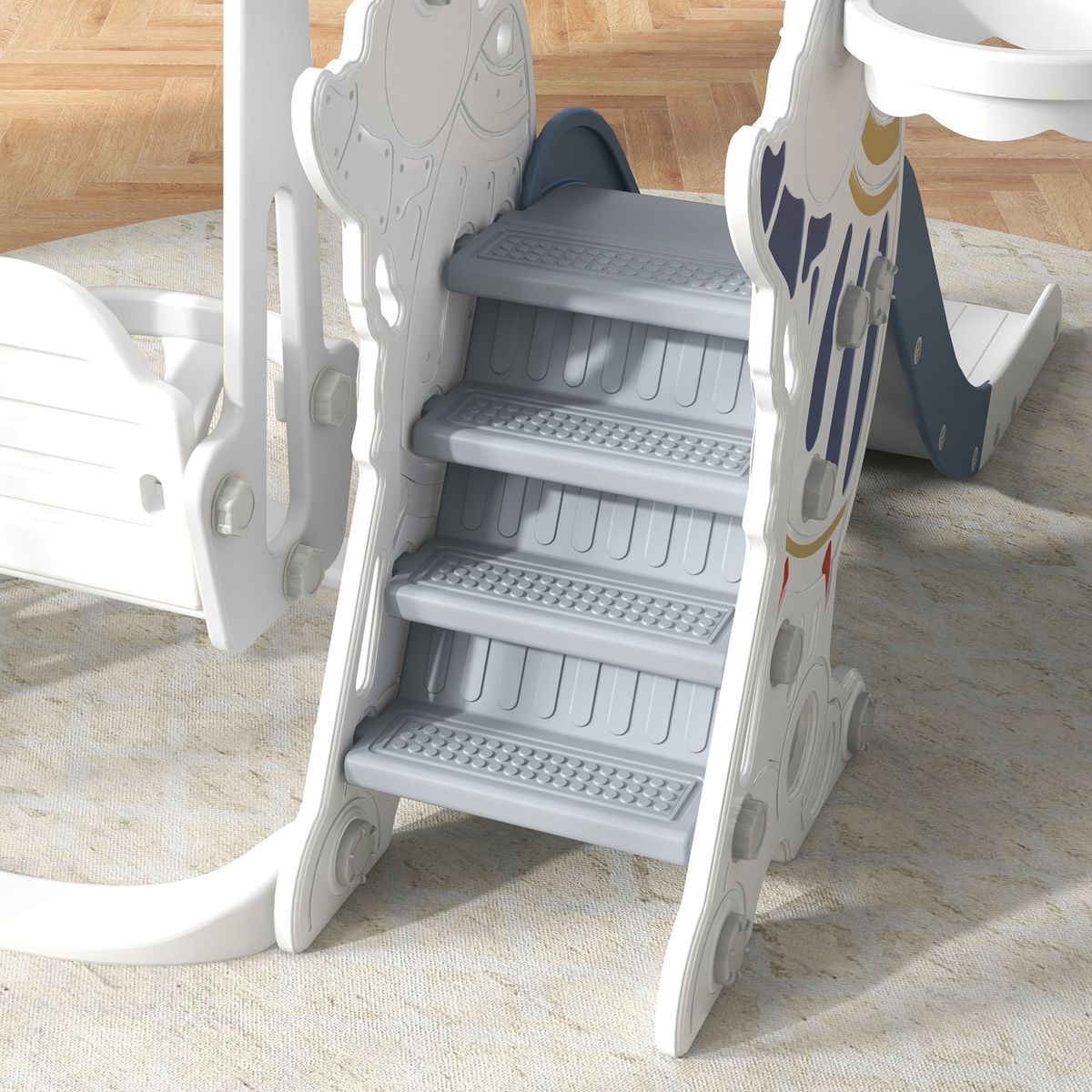Juego de tobogán + columpio infantil Aiyaplay 18-48 meses blanco/azul 92x150x185 cm escaleras