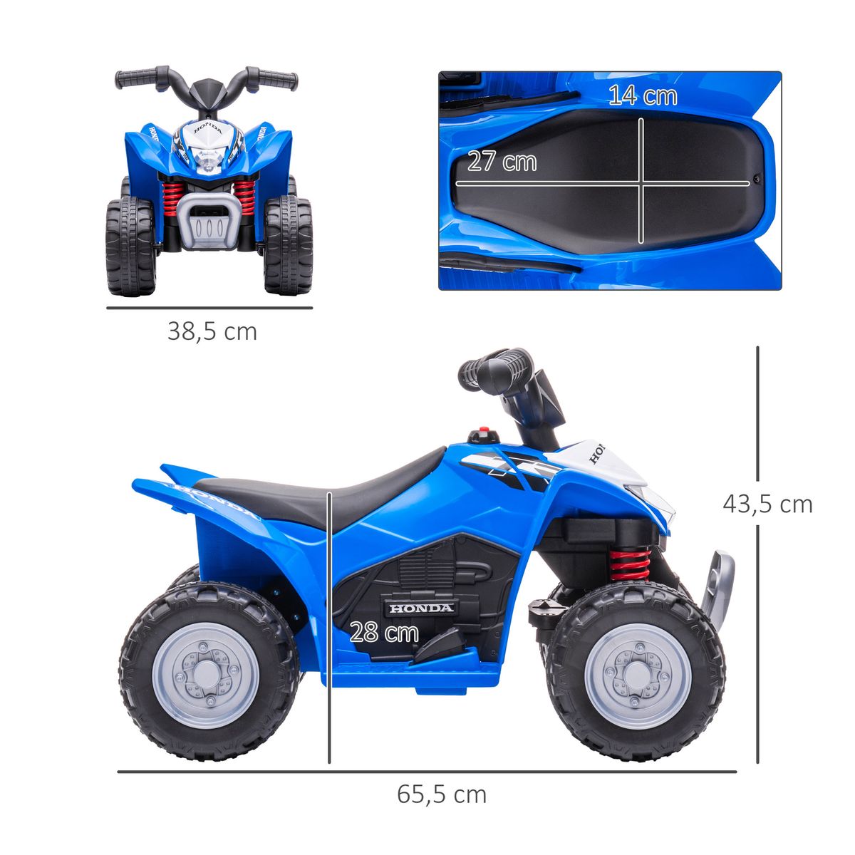 Quad eléctrico Honda Aiyaplay con luces LED + bocoina 1-3 años azul 43,5x65,5x38,5 cm medidas