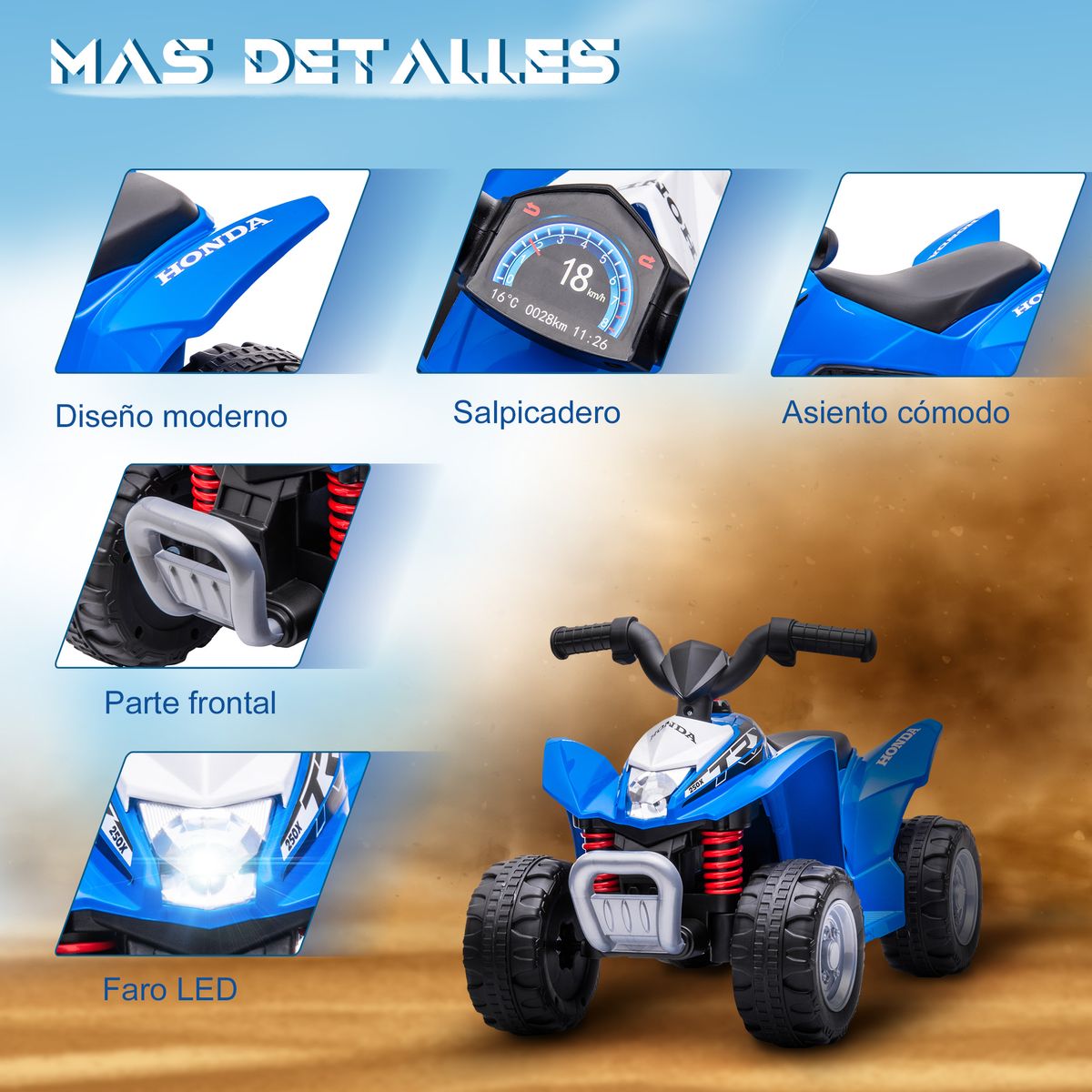Quad eléctrico Honda Aiyaplay con luces LED + bocoina 1-3 años azul 43,5x65,5x38,5 cm