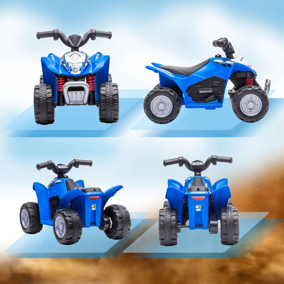 Quad eléctrico Honda Aiyaplay con luces LED + bocoina 1-3 años azul 43,5x65,5x38,5 cm