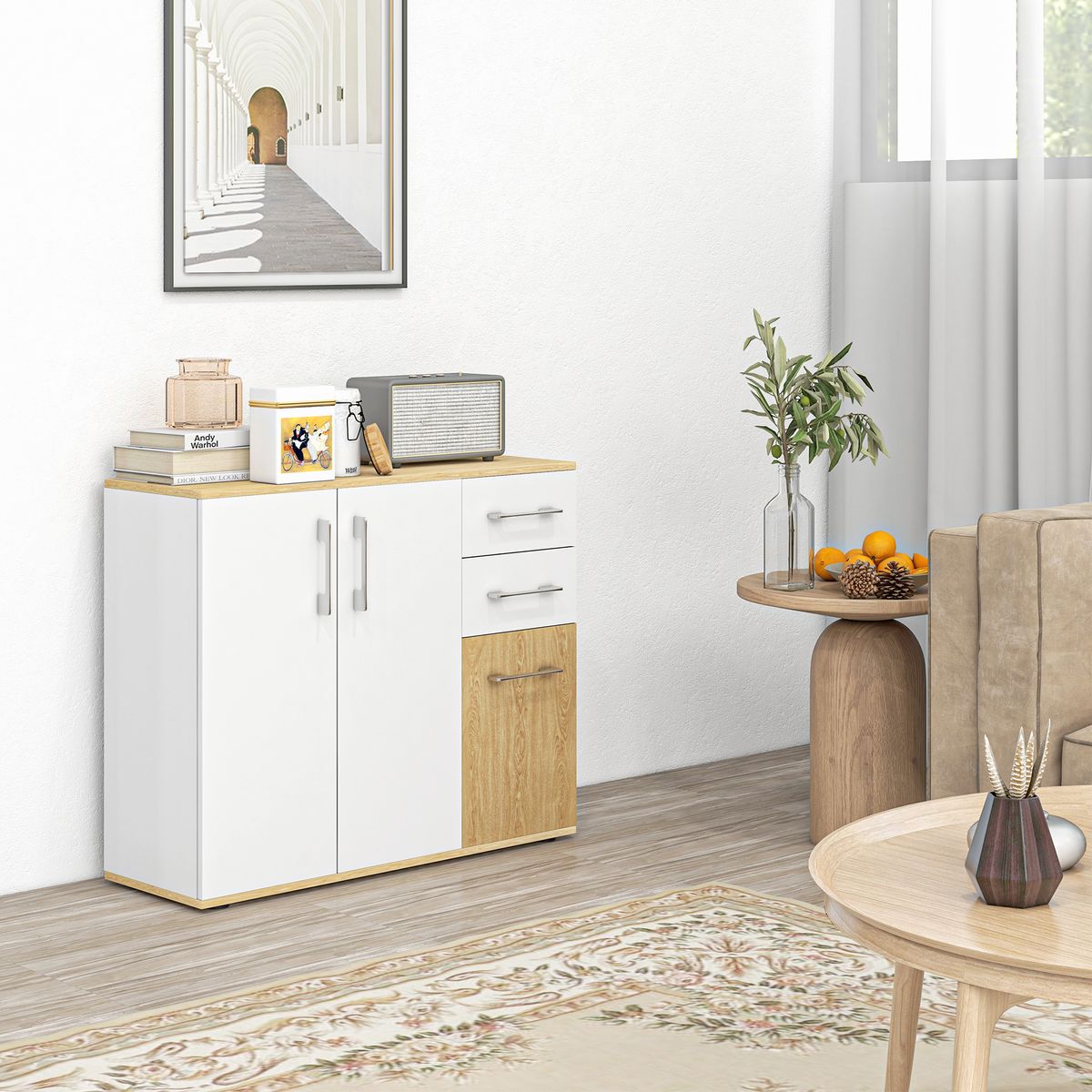 Aparador Herminia Homcom 2 cajones + 2 armarios blanco/natural 75,5x90x30 cm animada