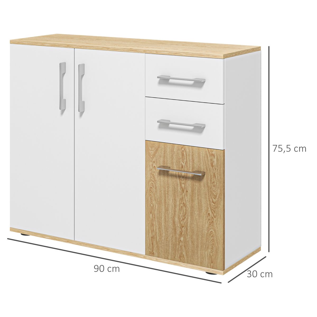 Aparador Herminia Homcom 2 cajones + 2 armarios blanco/natural 75,5x90x30 cm medidas