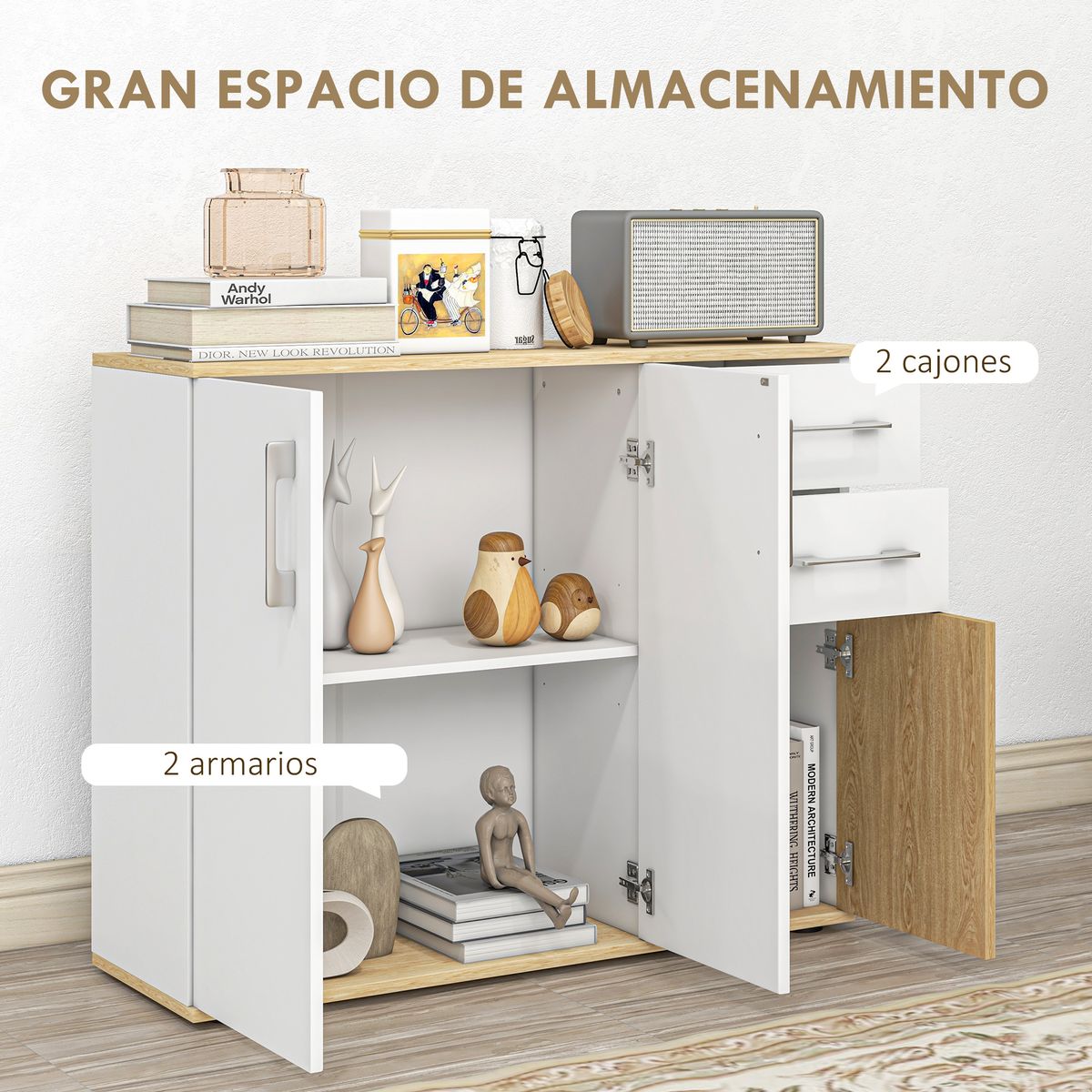 Aparador Herminia Homcom 2 cajones + 2 armarios blanco/natural 75,5x90x30 cm web