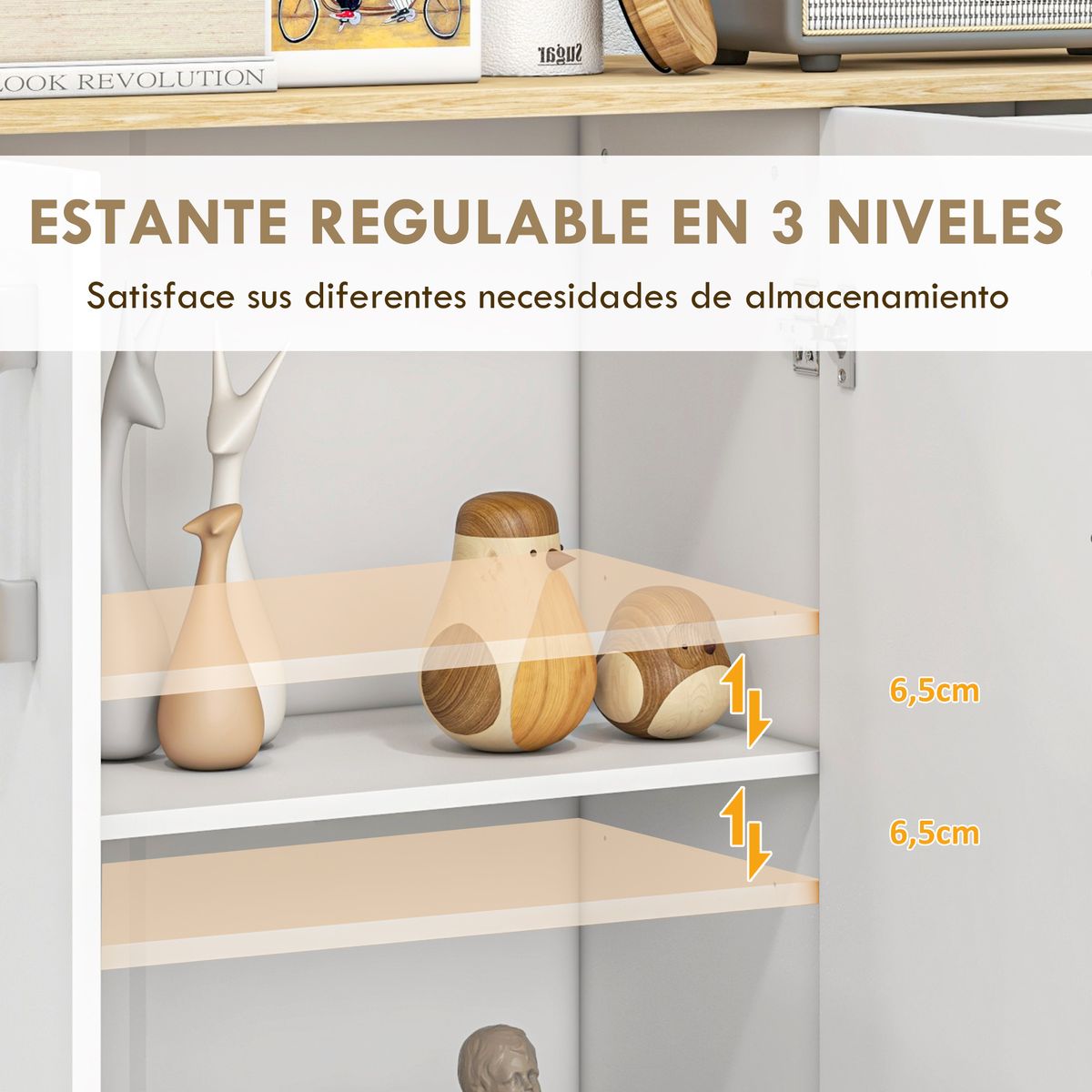 Aparador Herminia Homcom 2 cajones + 2 armarios blanco/natural 75,5x90x30 cm detalle