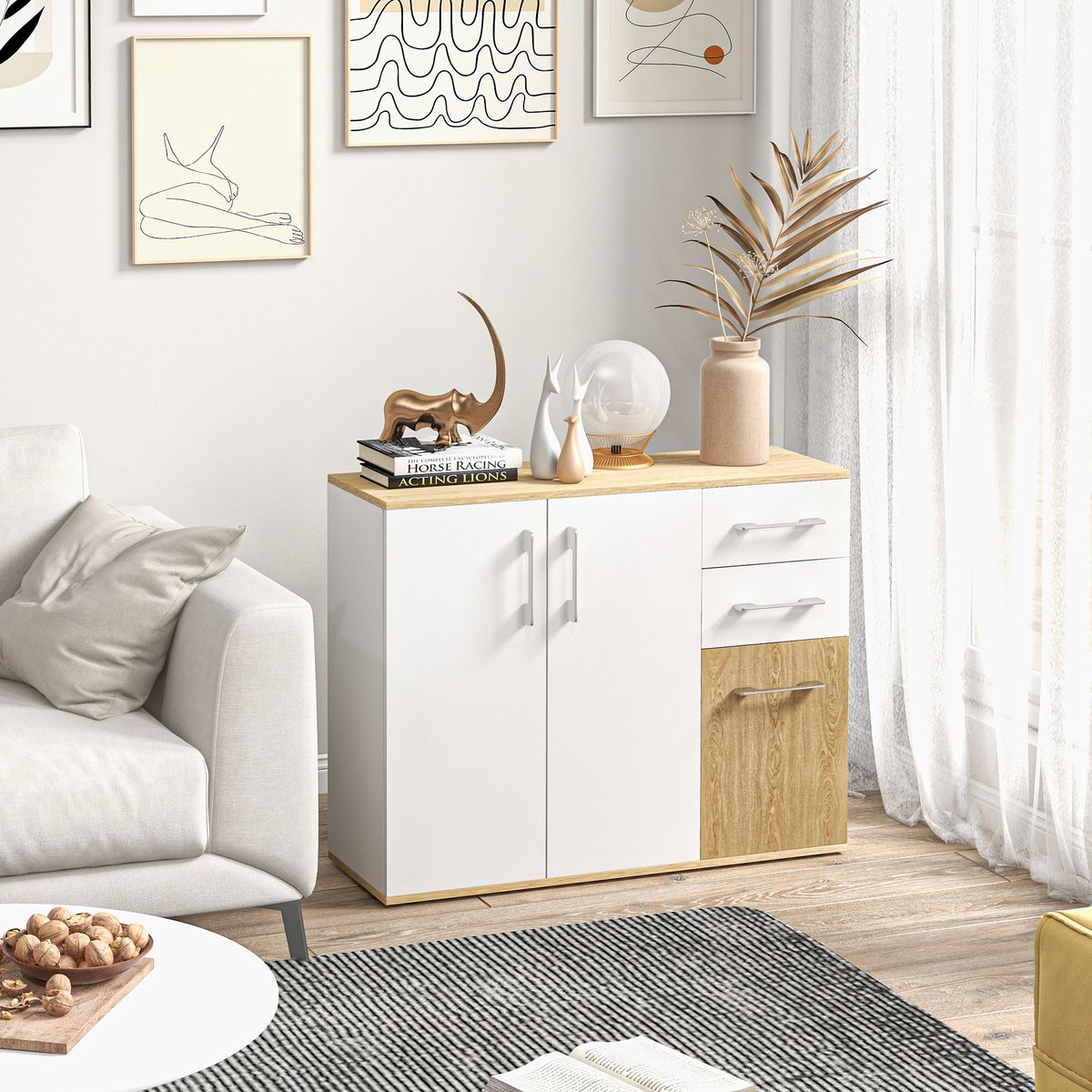 Aparador Herminia Homcom 2 cajones + 2 armarios blanco/natural 75,5x90x30 cm animada hogar