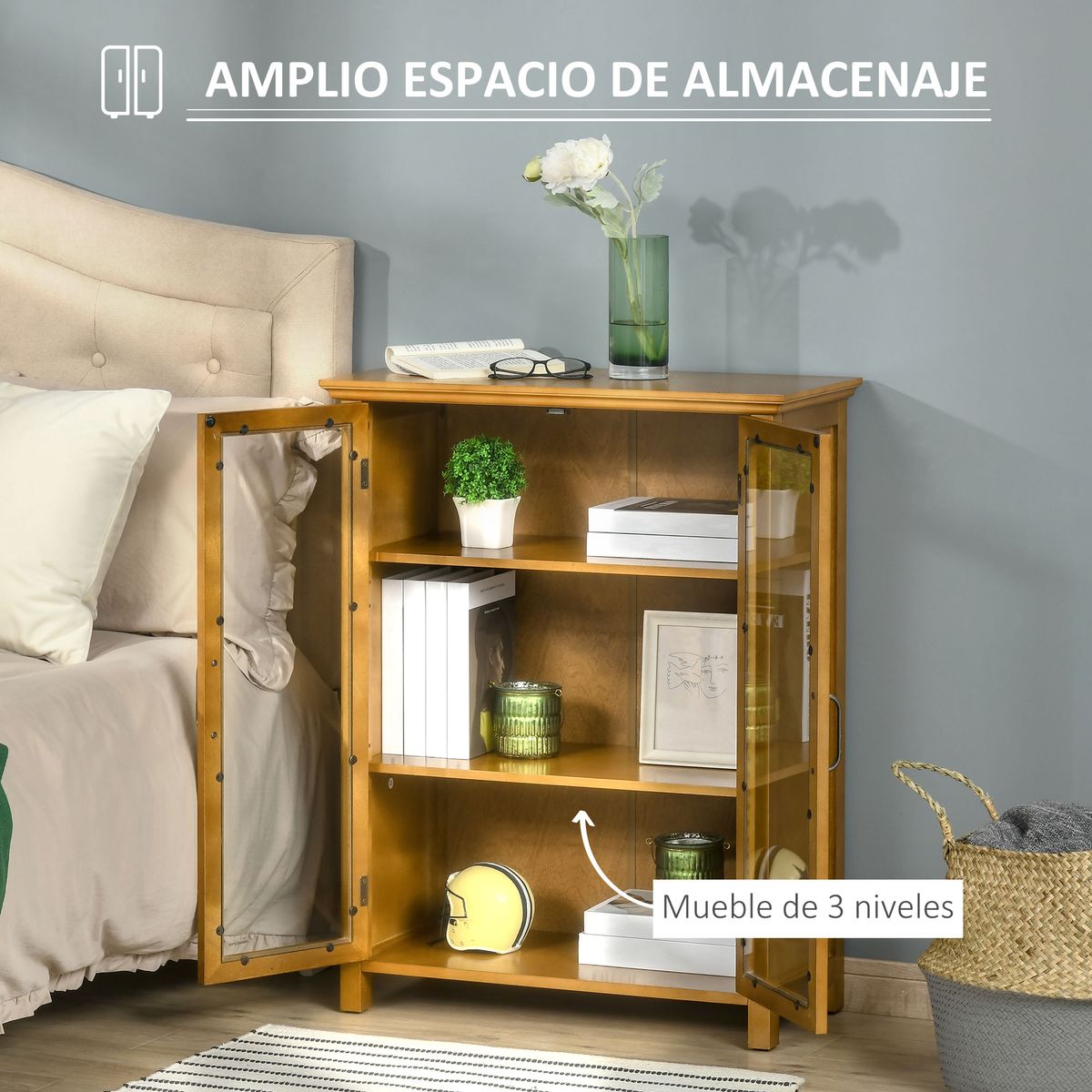 Aparador Snow Homcom 2 puertas + estantes nogal 86,8x66x31,8 cm