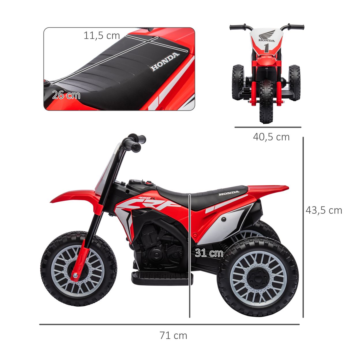 Moto eléctrica Honda CRF450RL Homcom con bocina rojo 43,5x71x40,5 cm medidas