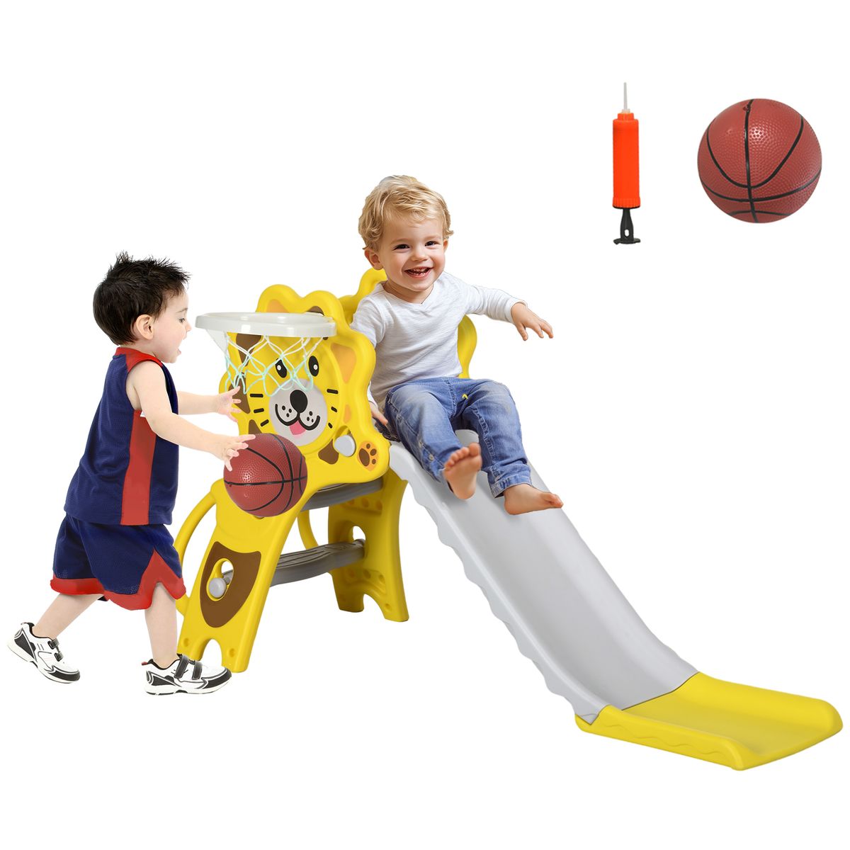 Tobogán infantil Aiyaplay con escaleras + canasta amarillo 74x131x50 cm fondo blanco