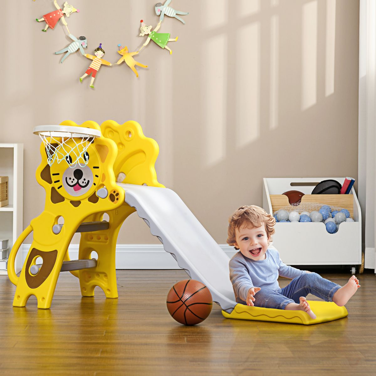 Tobogán infantil Aiyaplay con escaleras + canasta amarillo 74x131x50 cm animada