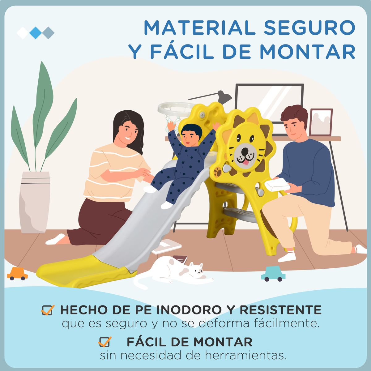 Tobogán infantil Aiyaplay con escaleras + canasta amarillo 74x131x50 cm