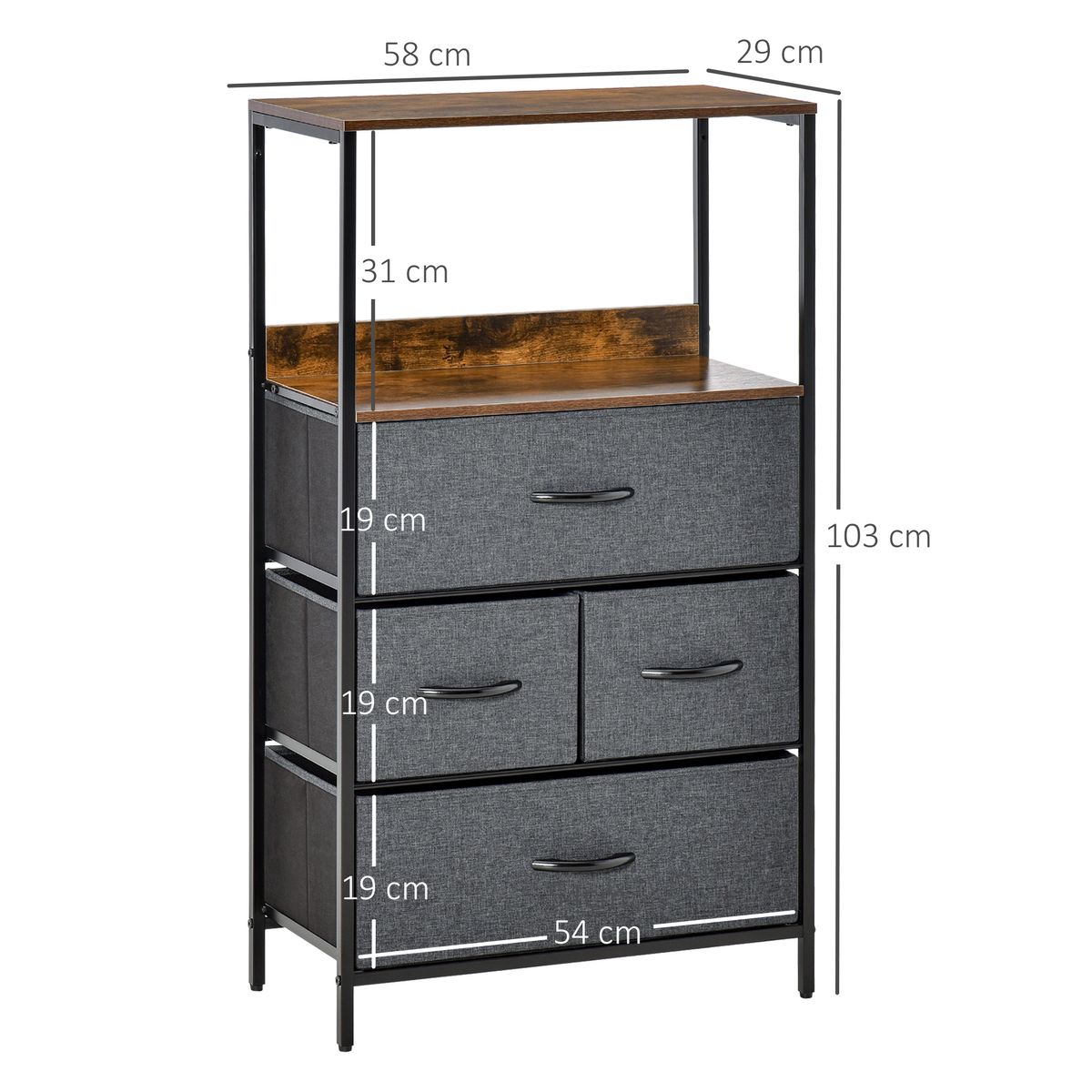 Cómoda Telar Homcom 4 cajones plegables gris 103x58x29 cm medidas