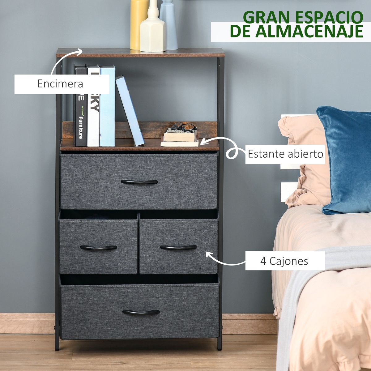Cómoda Telar Homcom 4 cajones plegables gris 103x58x29 cm web