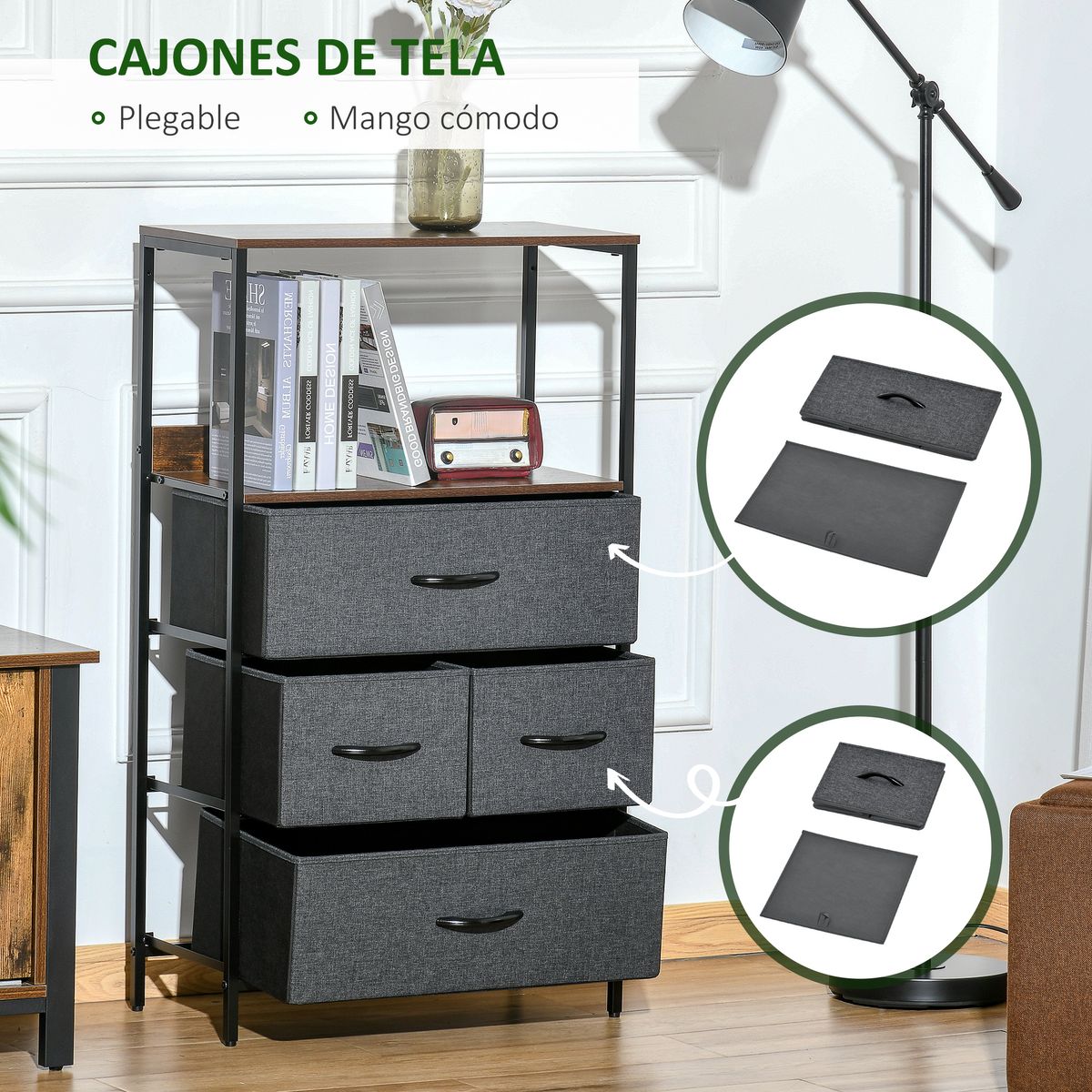 Cómoda Telar Homcom 4 cajones plegables gris 103x58x29 cm