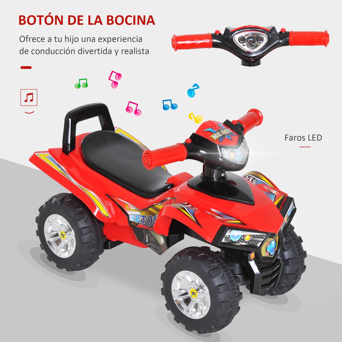 Quad correpasillos Ready Homcom con bocina + música + luces rojo 42x60x38 cm web