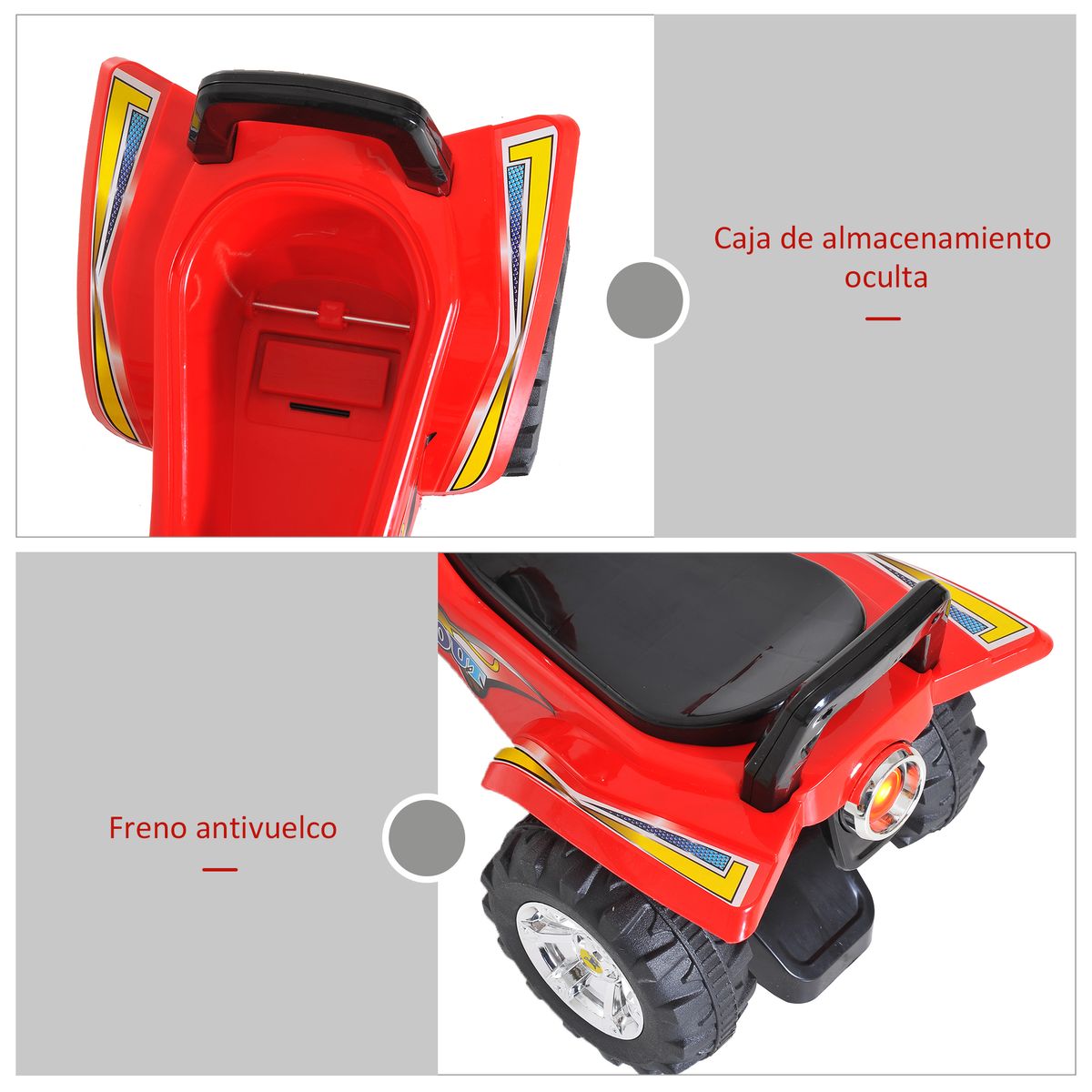 Quad correpasillos Ready Homcom con bocina + música + luces rojo 42x60x38 cm caracteristicas