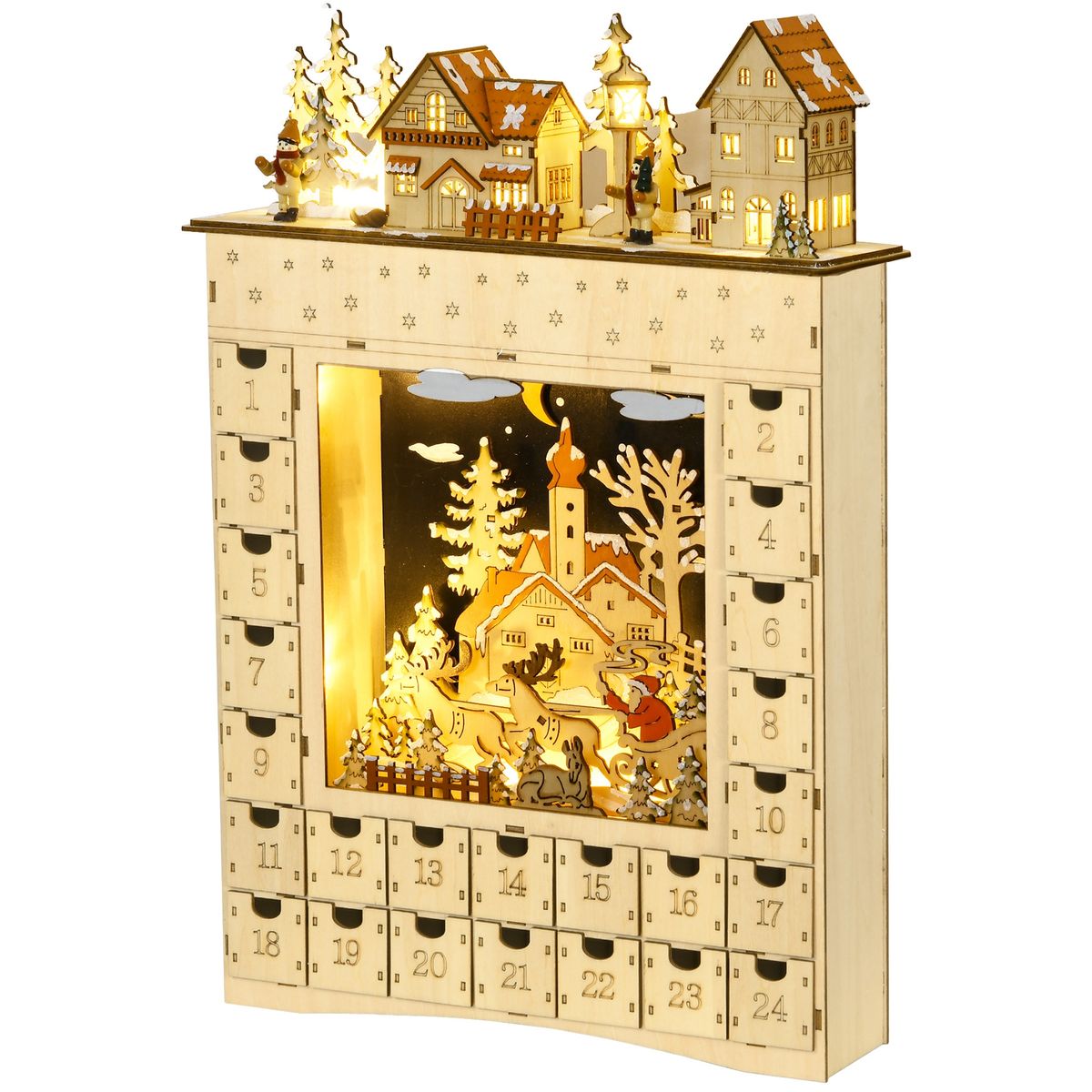 Calendario de Adviento Homcom con luces LED 24 cajones vacíos natural 52x36x9 cm fondo blanco