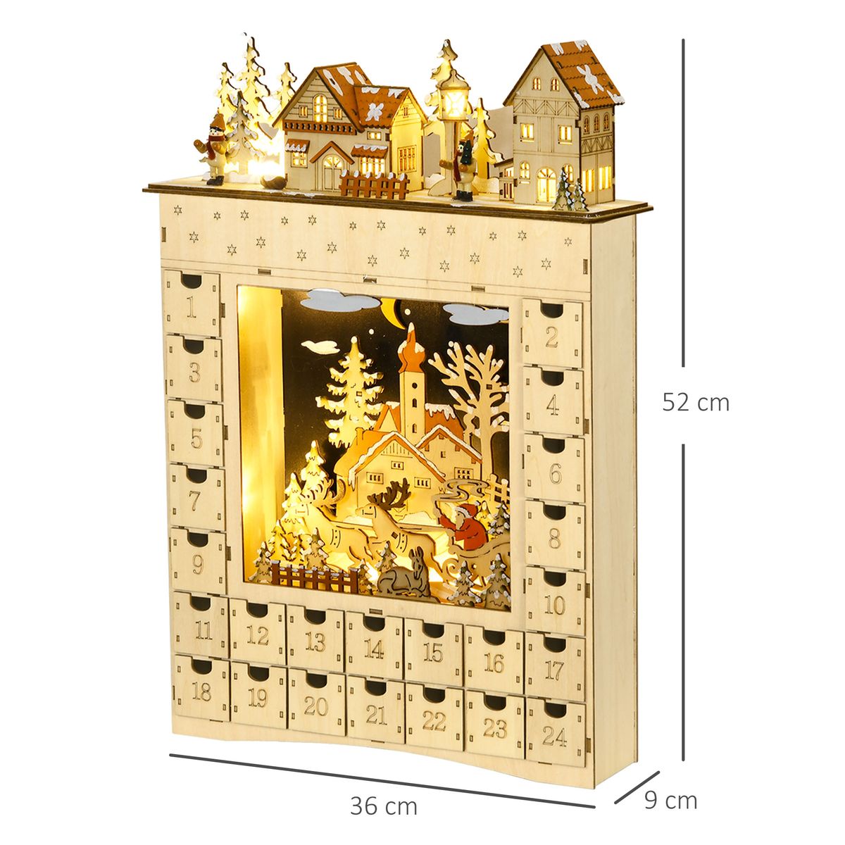 Calendario de Adviento Homcom con luces LED 24 cajones vacíos natural 52x36x9 cm medidas