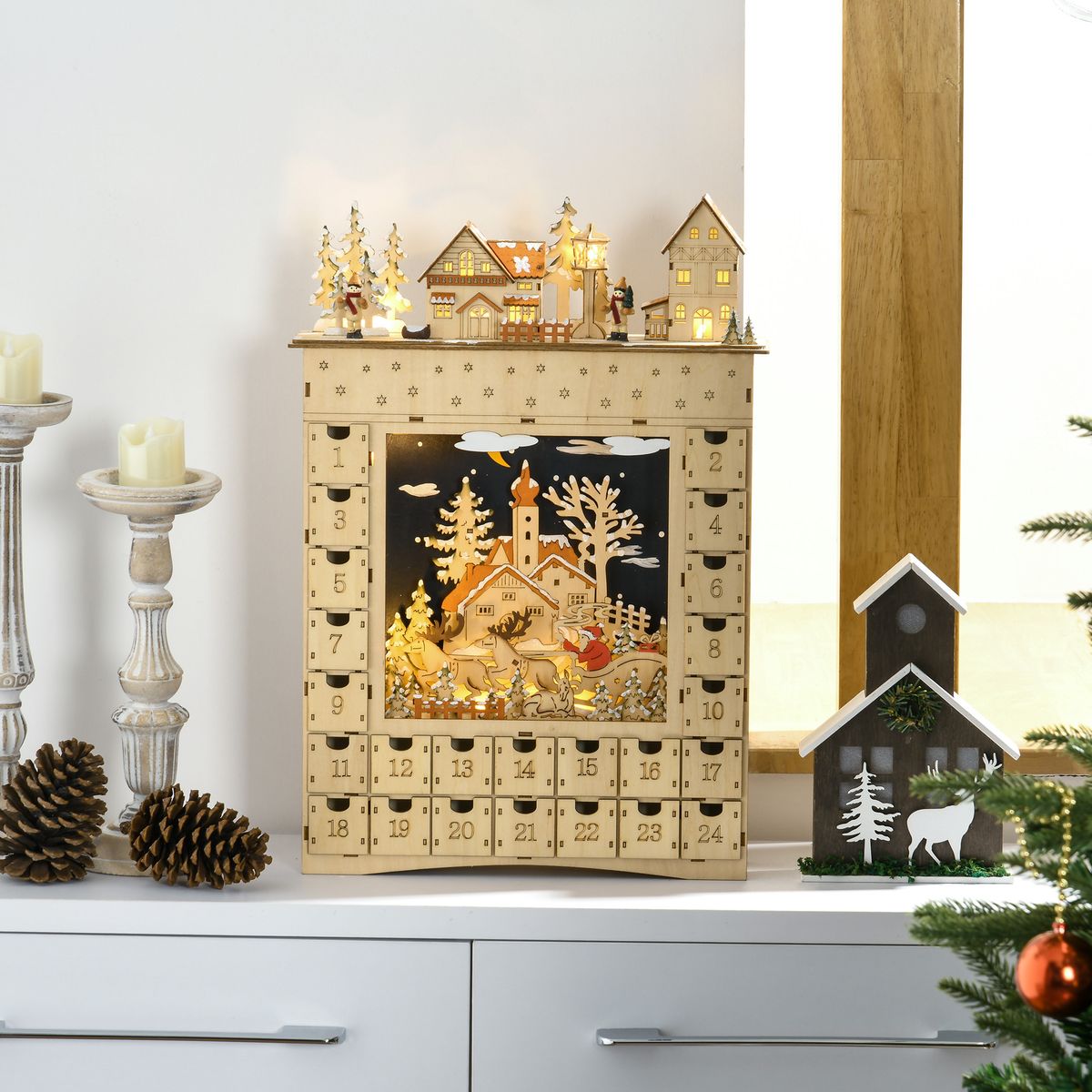 Calendario de Adviento Homcom con luces LED 24 cajones vacíos natural 52x36x9 cm animada