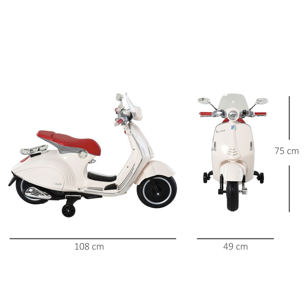 Moto de batería Vespa Homcom con faros + música + ruedines blanco 75x108x49 cm medidas