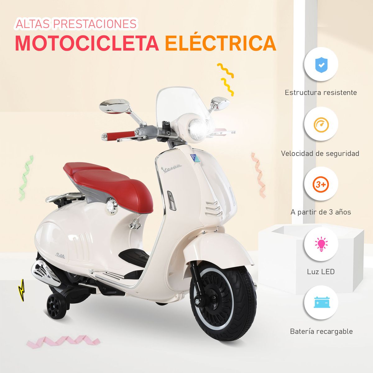 Moto de batería Vespa Homcom con faros + música + ruedines blanco 75x108x49 cm web