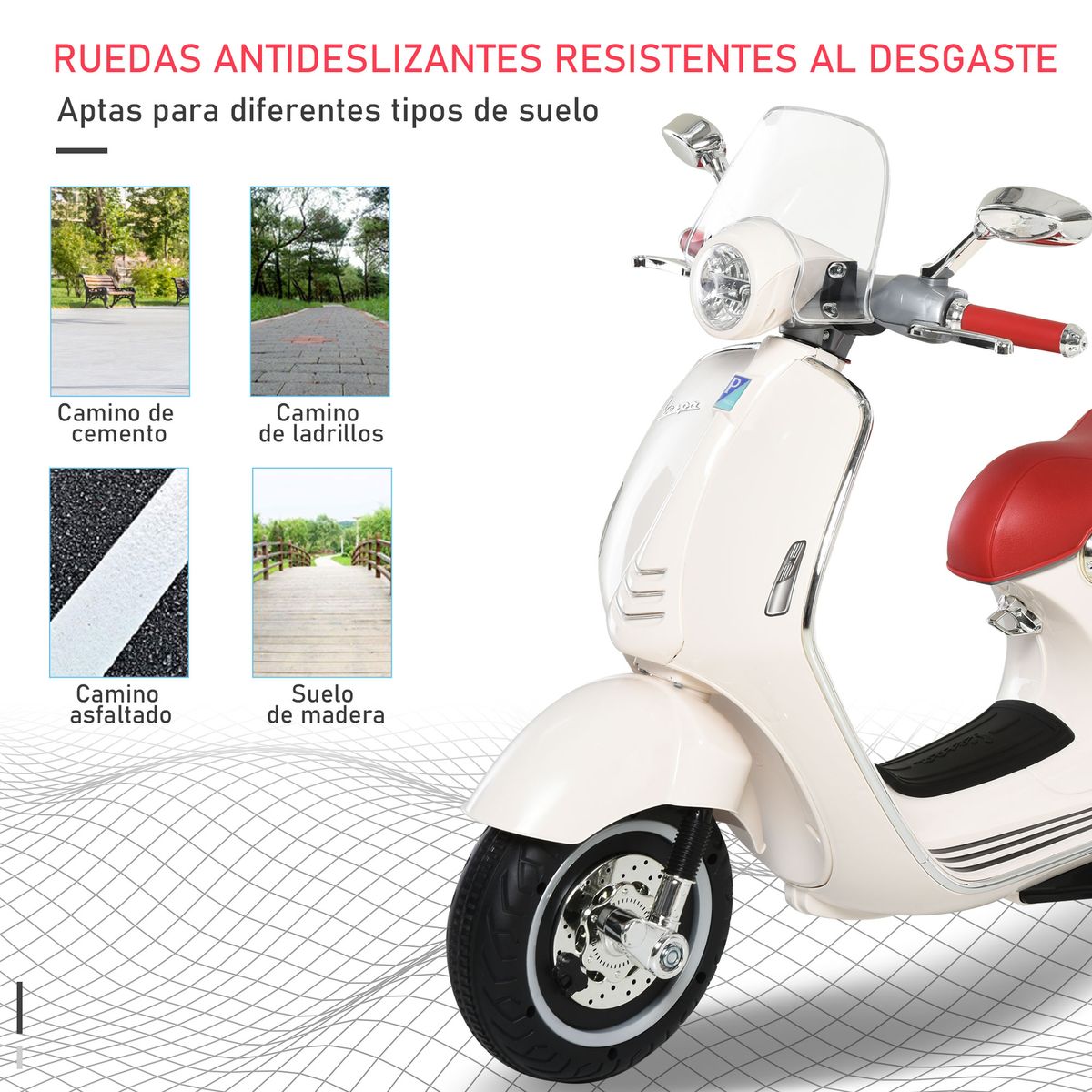 Moto de batería Vespa Homcom con faros + música + ruedines blanco 75x108x49 cm