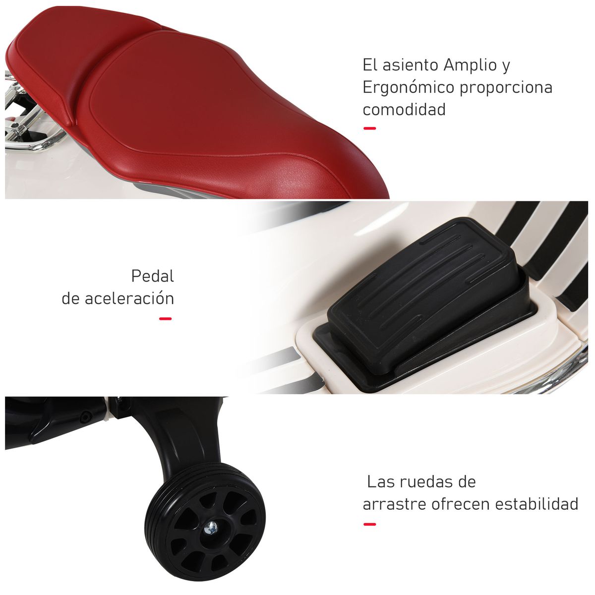 Moto de batería Vespa Homcom con faros + música + ruedines blanco 75x108x49 cm detalle
