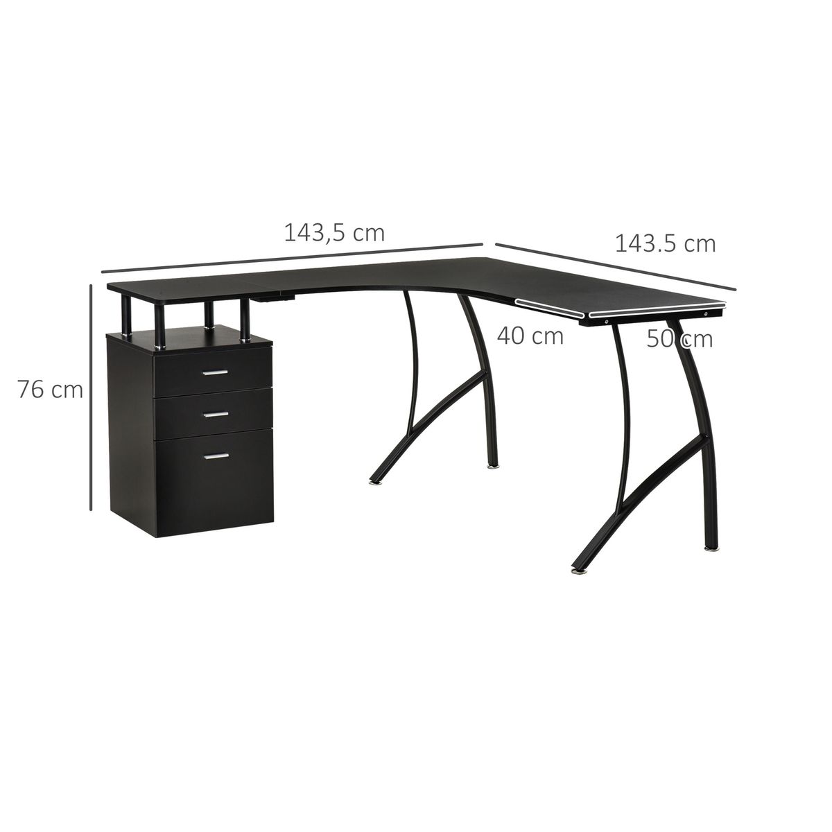 Escritorio Mandarina Homcom esquinero con 3 cajones negro 76x143,5x143,5 cm medidas