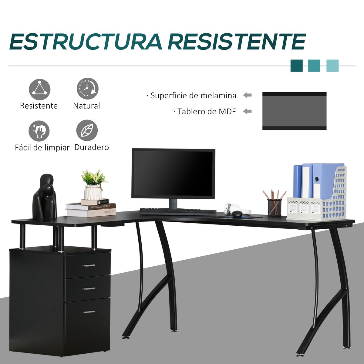 Escritorio Mandarina Homcom esquinero con 3 cajones negro 76x143,5x143,5 cm