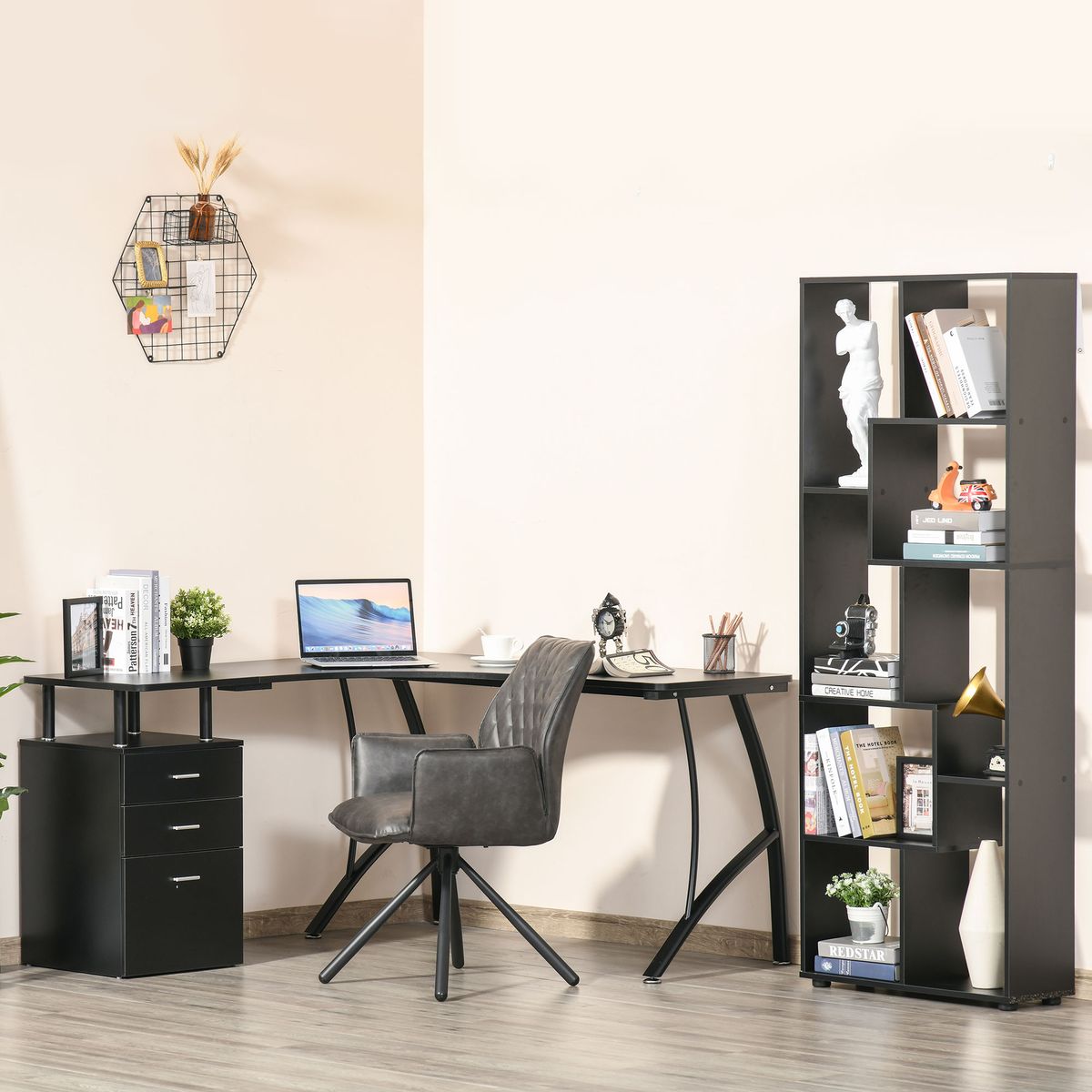 Escritorio Mandarina Homcom esquinero con 3 cajones negro 76x143,5x143,5 cm animada