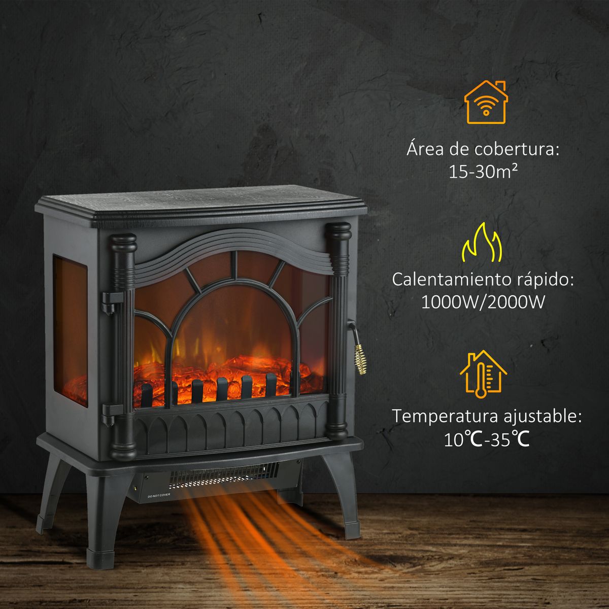 Chimenea eléctrica Vintage Homcom 2000W 2 potencias temperatura ajustable negro 58x55x31 cm