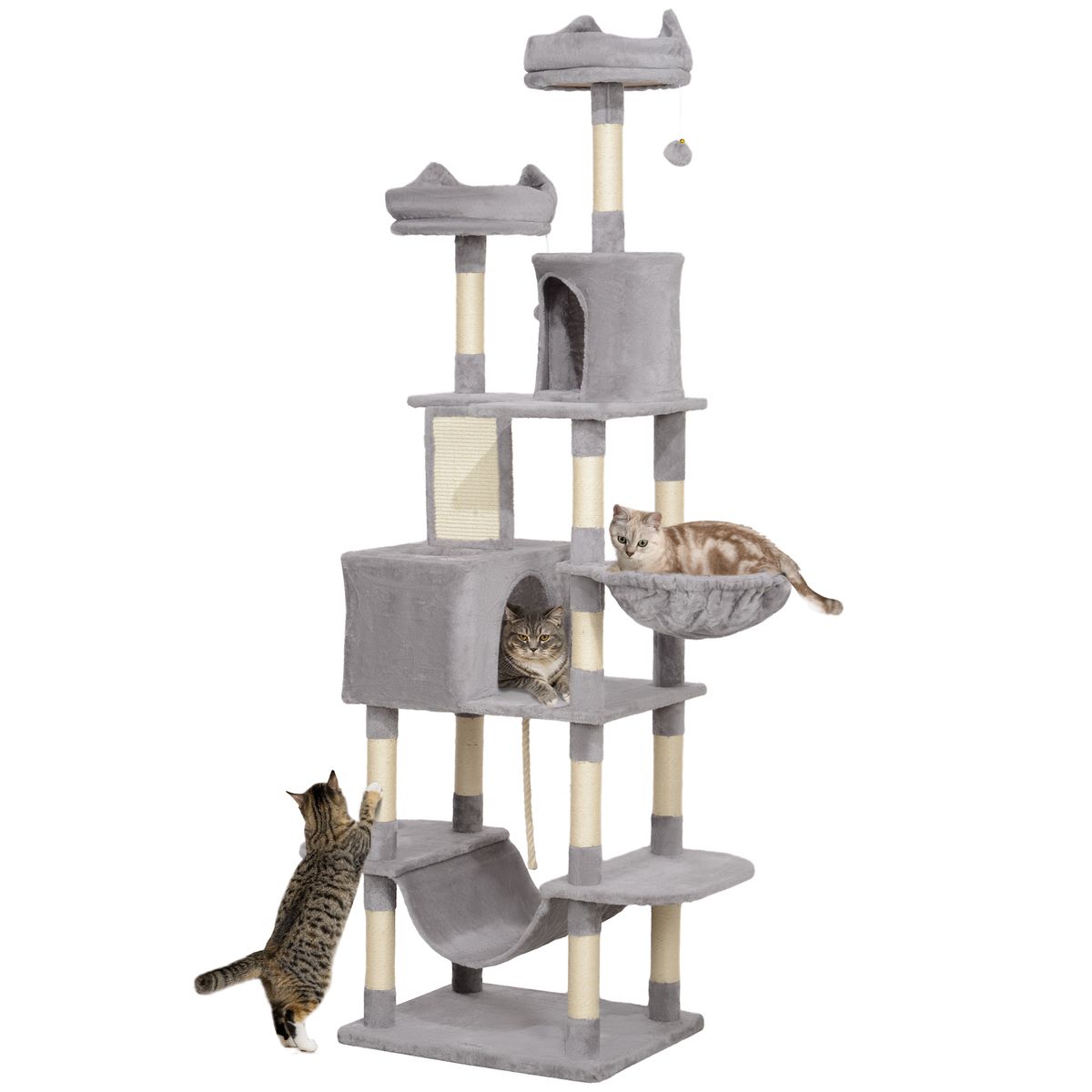 Árbol rascador Ratón PawHut 2 hamacas + 2 cuevas + plataformas + bola gris 206x60x50 cm fondo blanco