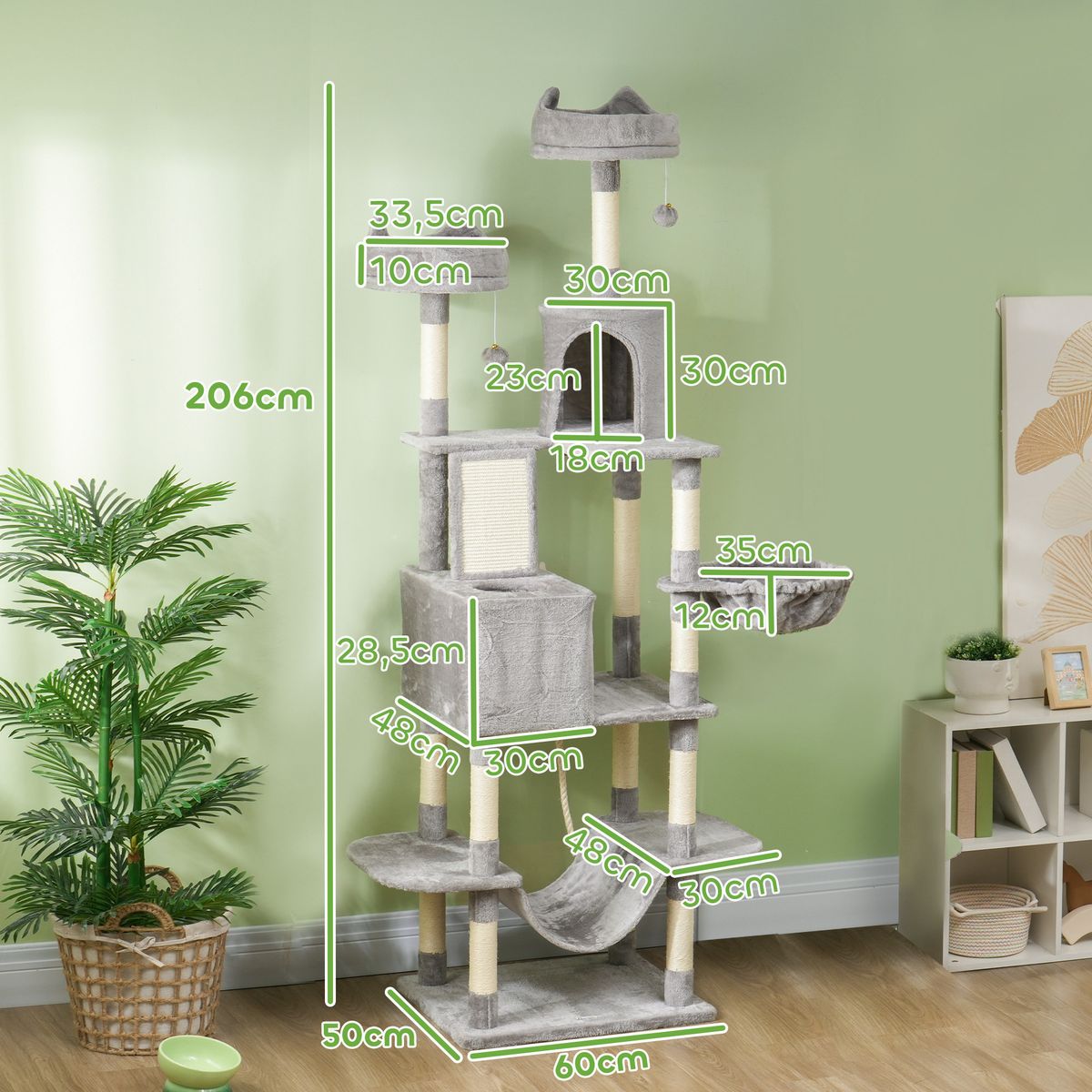 Árbol rascador Ratón PawHut 2 hamacas + 2 cuevas + plataformas + bola gris 206x60x50 cm ambientada
