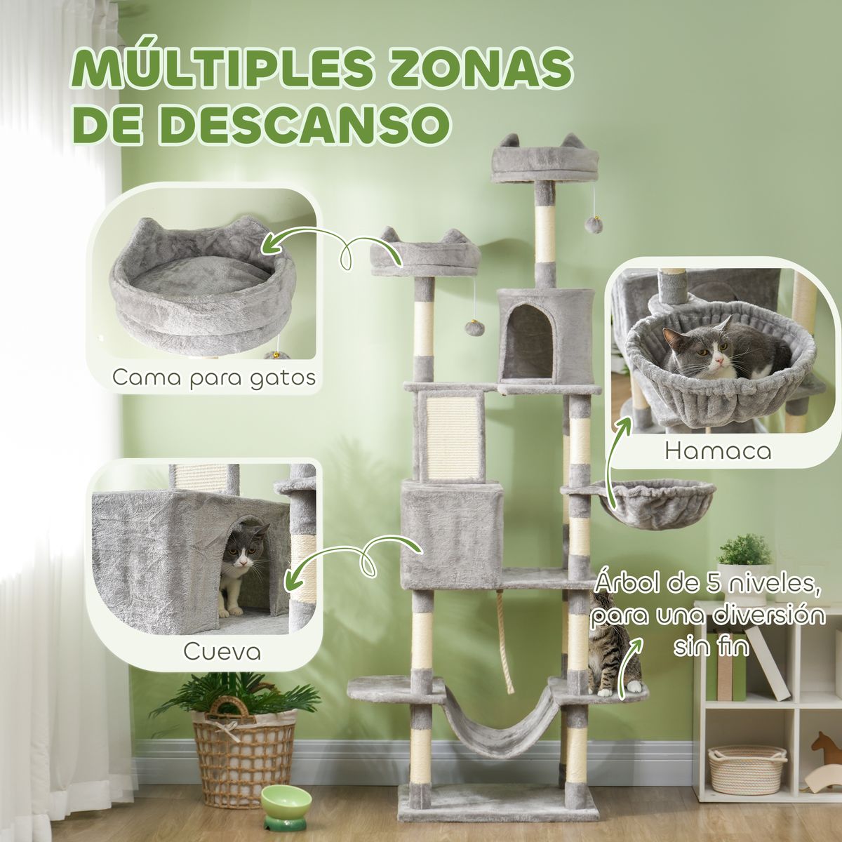 Árbol rascador Ratón PawHut 2 hamacas + 2 cuevas + plataformas + bola gris 206x60x50 cm