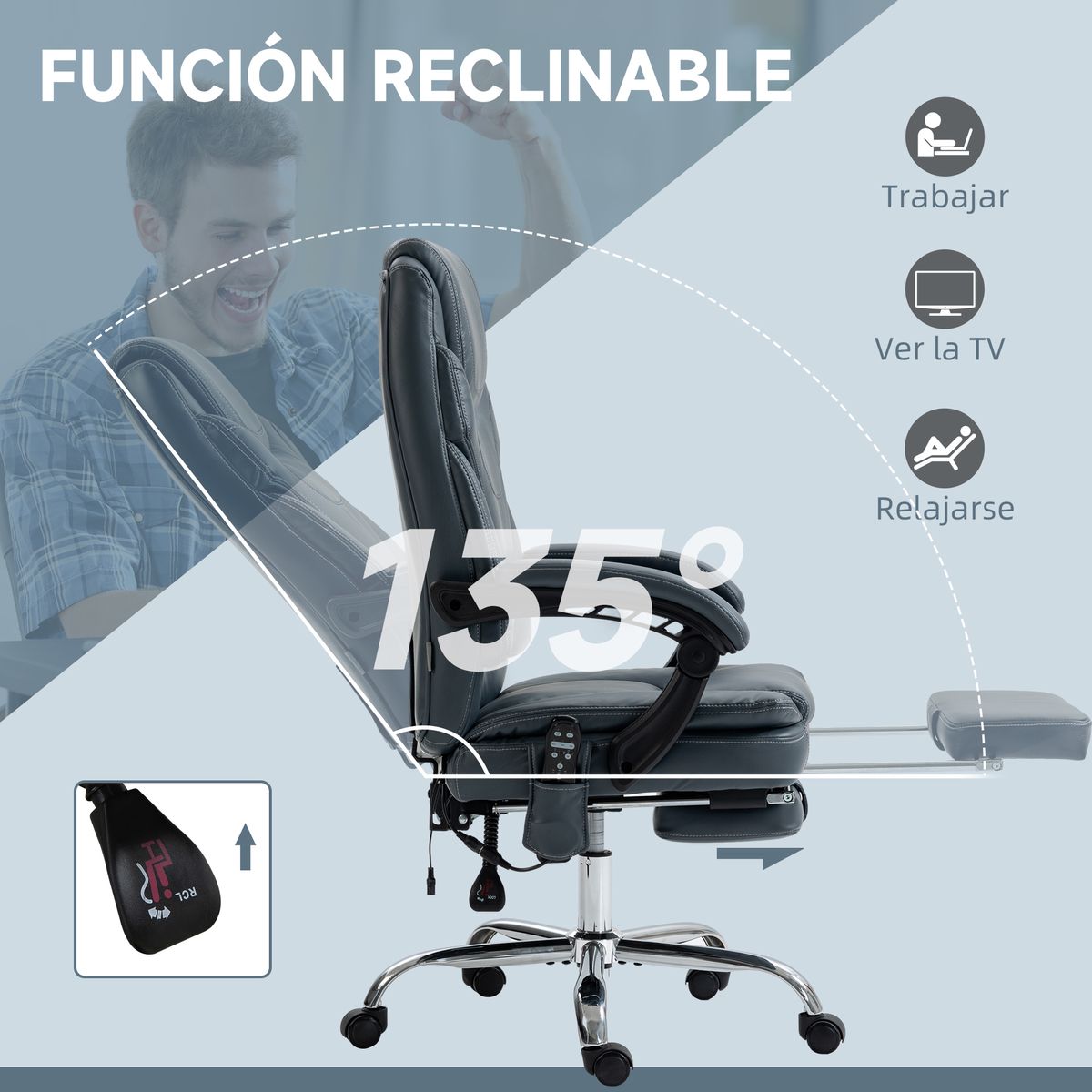 Silla de oficina Vic Vinsetto masaje vibratorio y calefacción lumbar gris 113-121x67x67 cm
