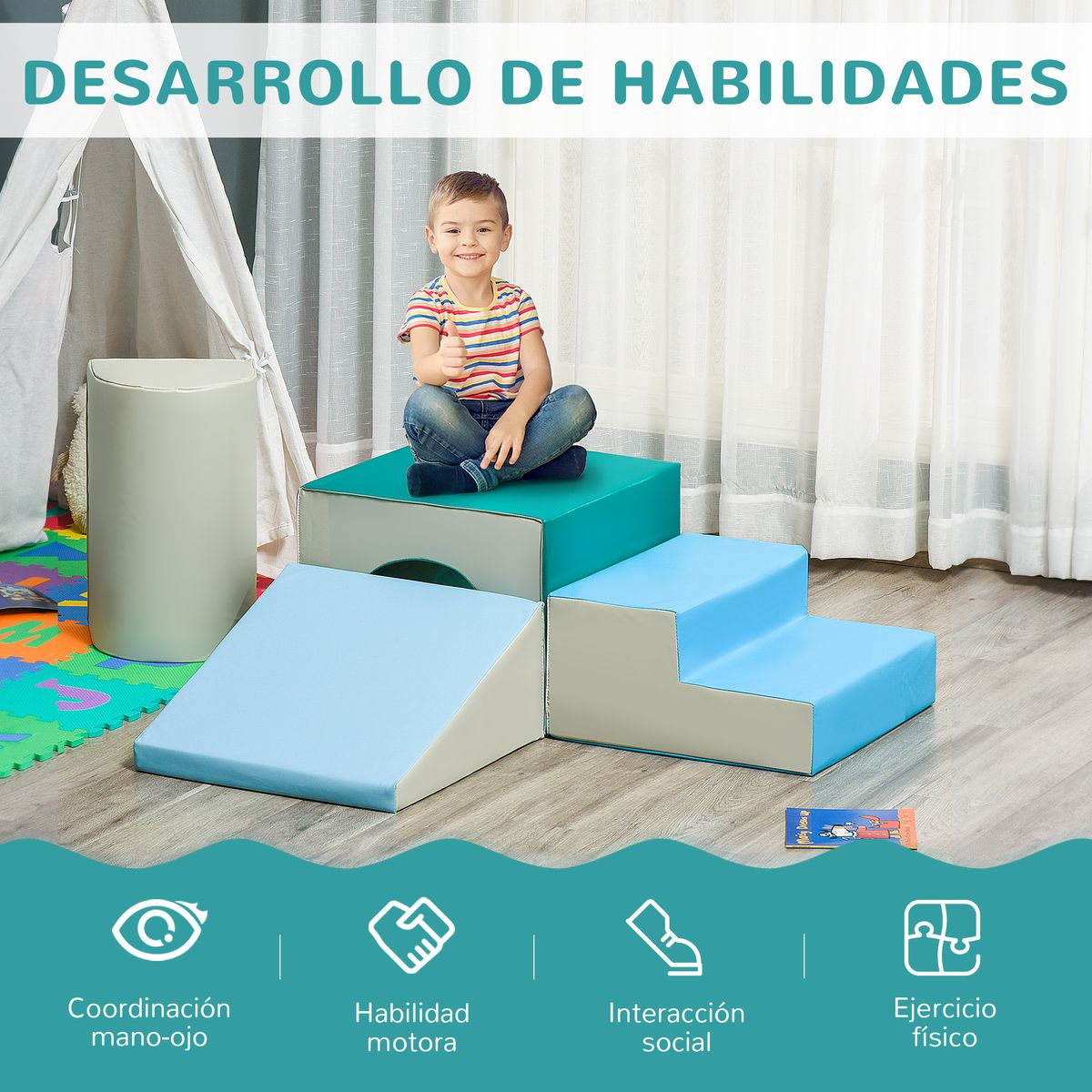 Set de 4 bloques de construcción Homcom 1-3A multicolor 39x150x50 cm