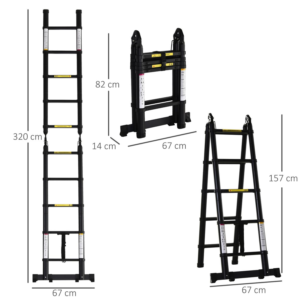 Escalera plegable Upto Durhand 3 formas aluminio negro 320x67x7 cm medidas