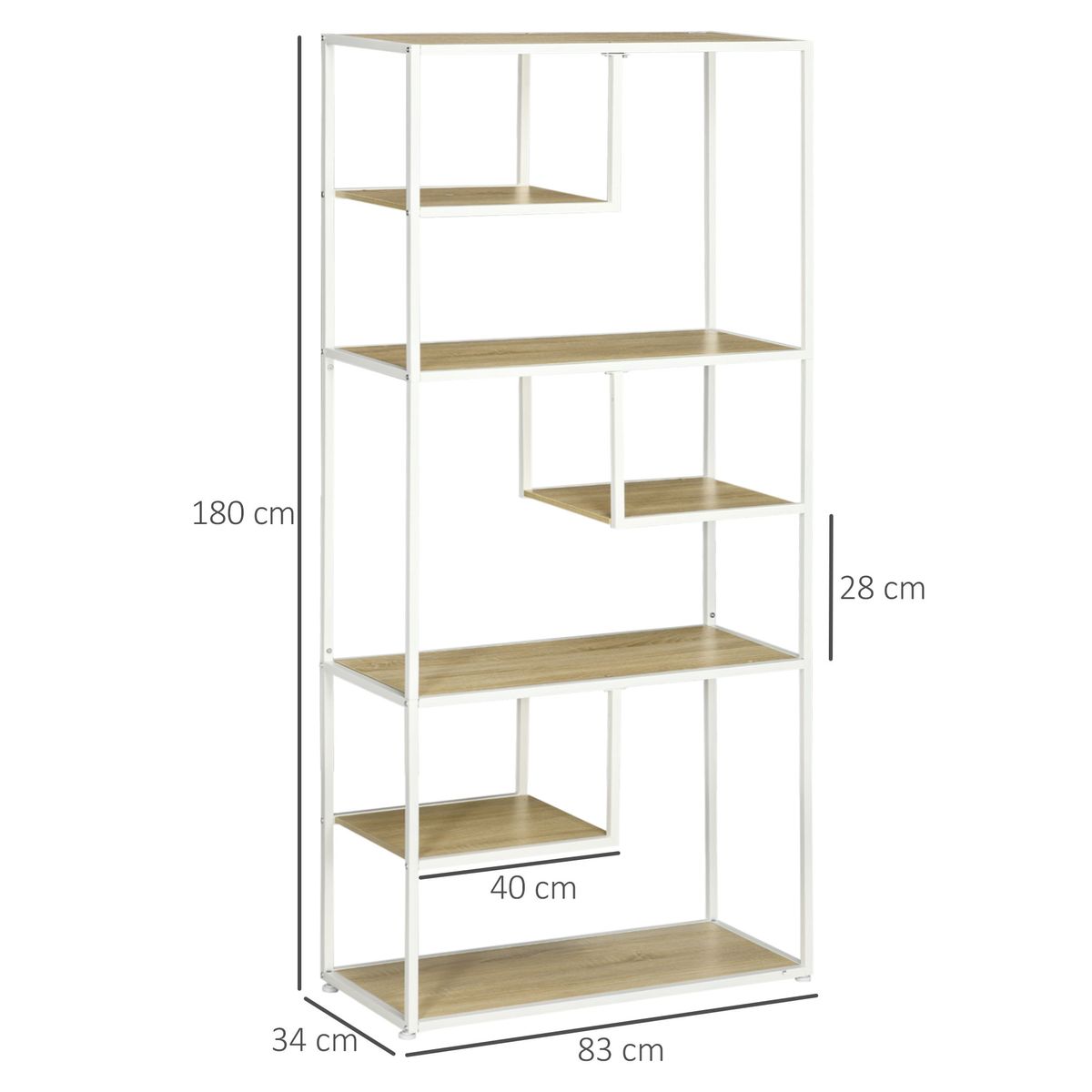 Estantería Trineo Homcom 6 estantes roble/blanco 180x83x34 cm medidas