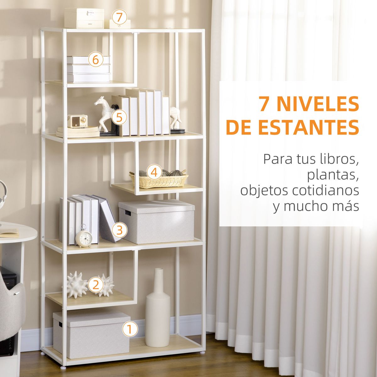 Estantería Trineo Homcom 6 estantes roble/blanco 180x83x34 cm