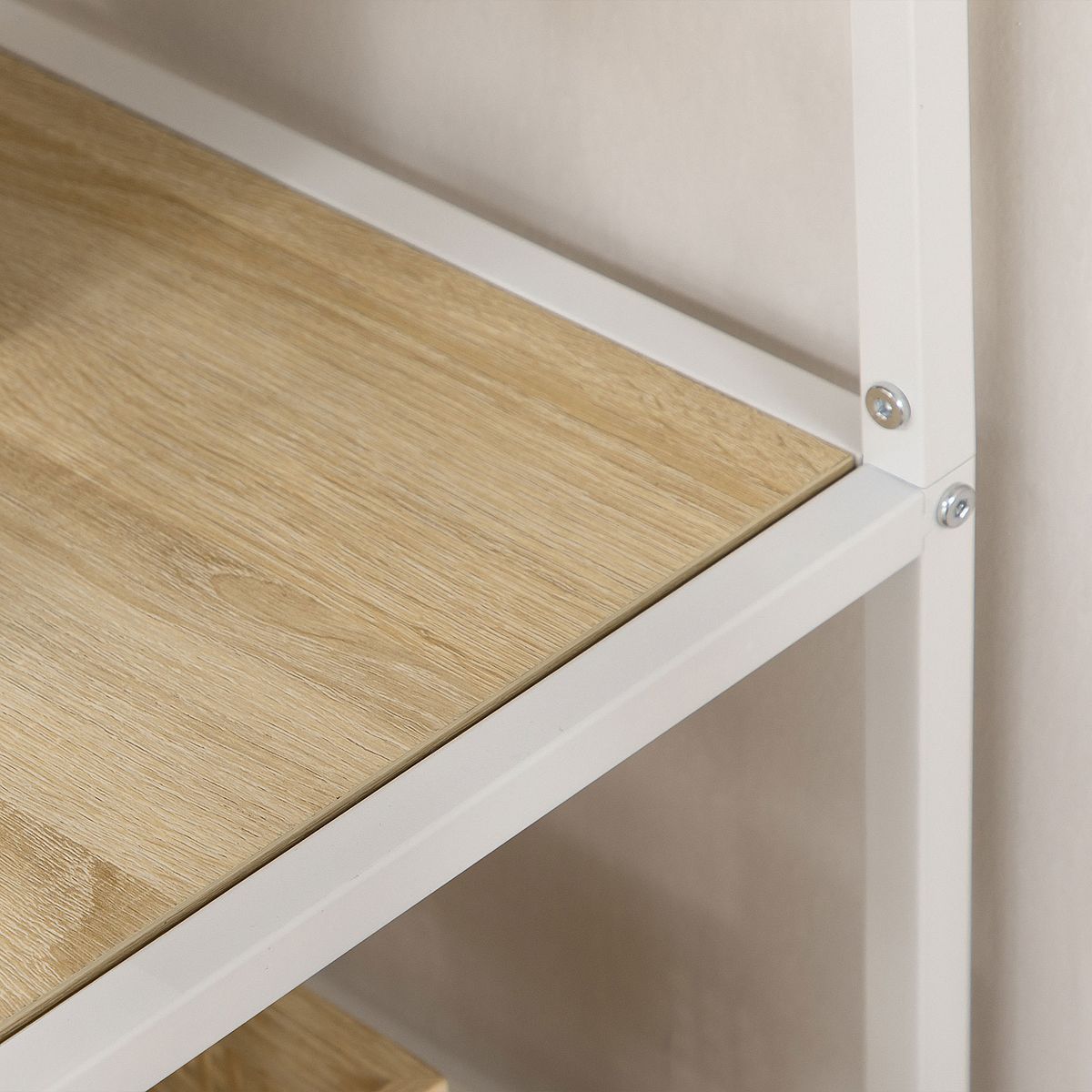 Estantería Trineo Homcom 6 estantes roble/blanco 180x83x34 cm detalle