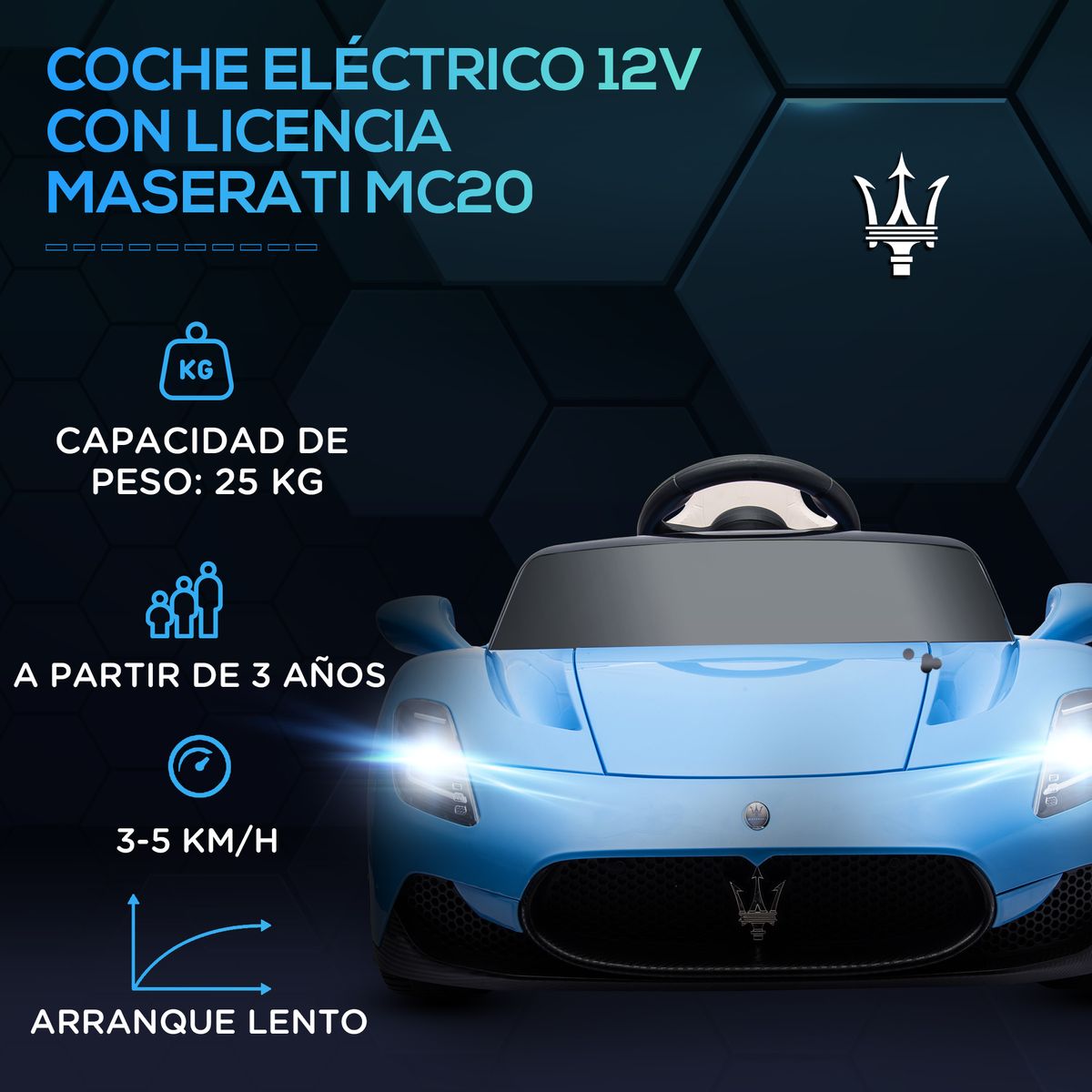 Coche eléctrico Maserati MC20 Aiyaplay con mando a distancia azul 42x105x65,5 cm frontal