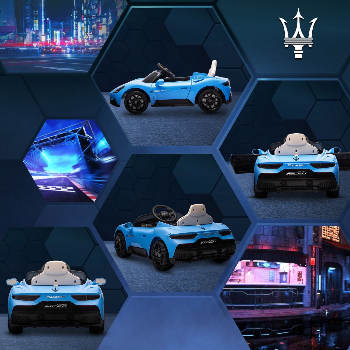 Coche eléctrico Maserati MC20 Aiyaplay con mando a distancia azul 42x105x65,5 cm web