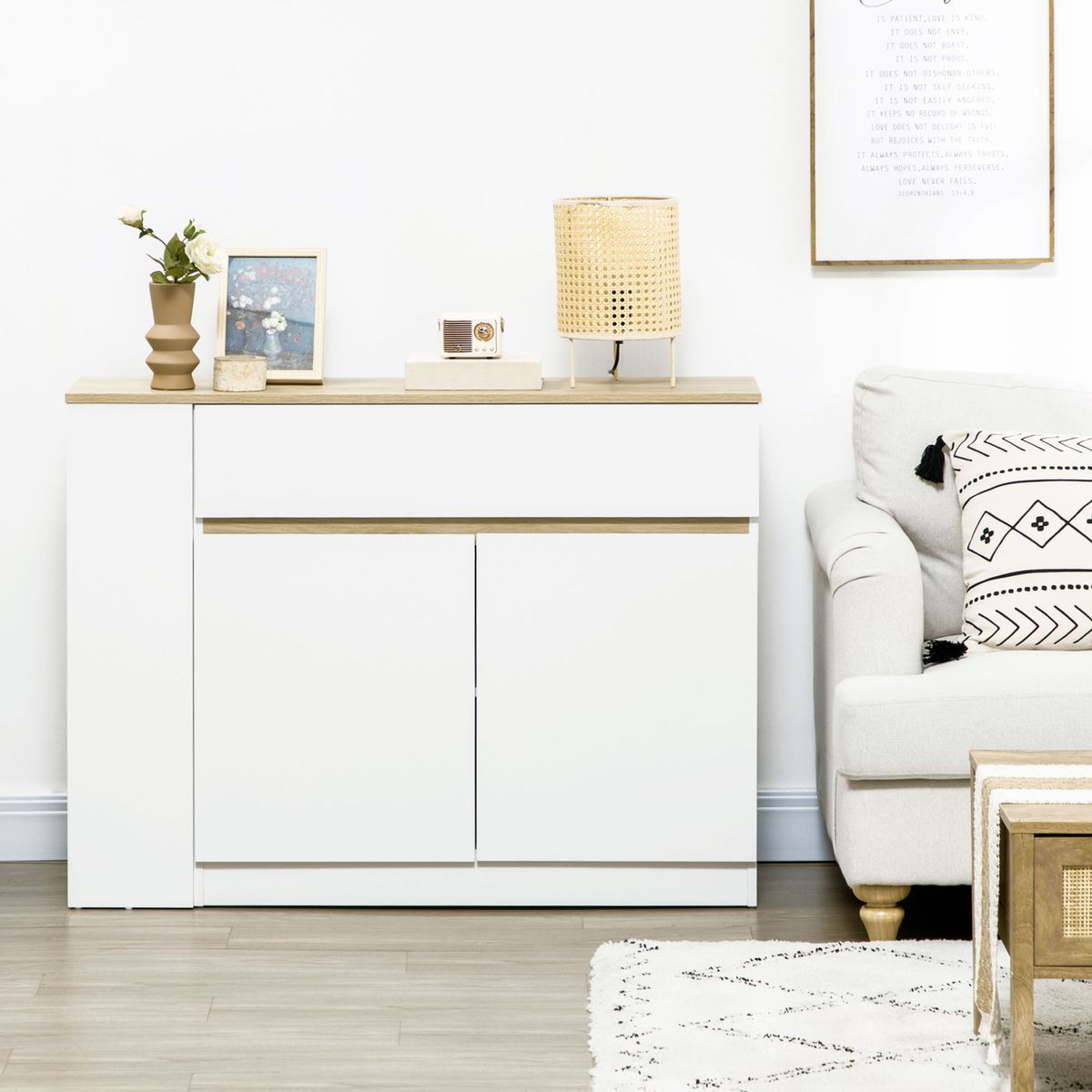 Aparador Cayena Homcom 2 puertas + cajón + 3 estantes blanco 82x110x29,5 cm animada hogar