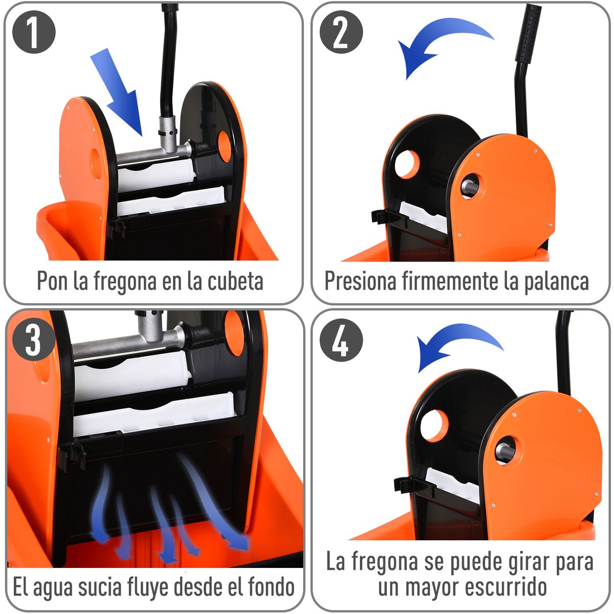 Cubo de fregona Homcom 36L escurridor de presión con ruedas naranja 91,5x54x41 cm web