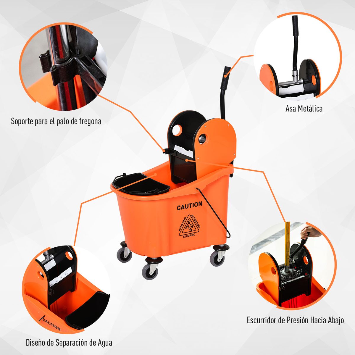 Cubo de fregona Homcom 36L escurridor de presión con ruedas naranja 91,5x54x41 cm